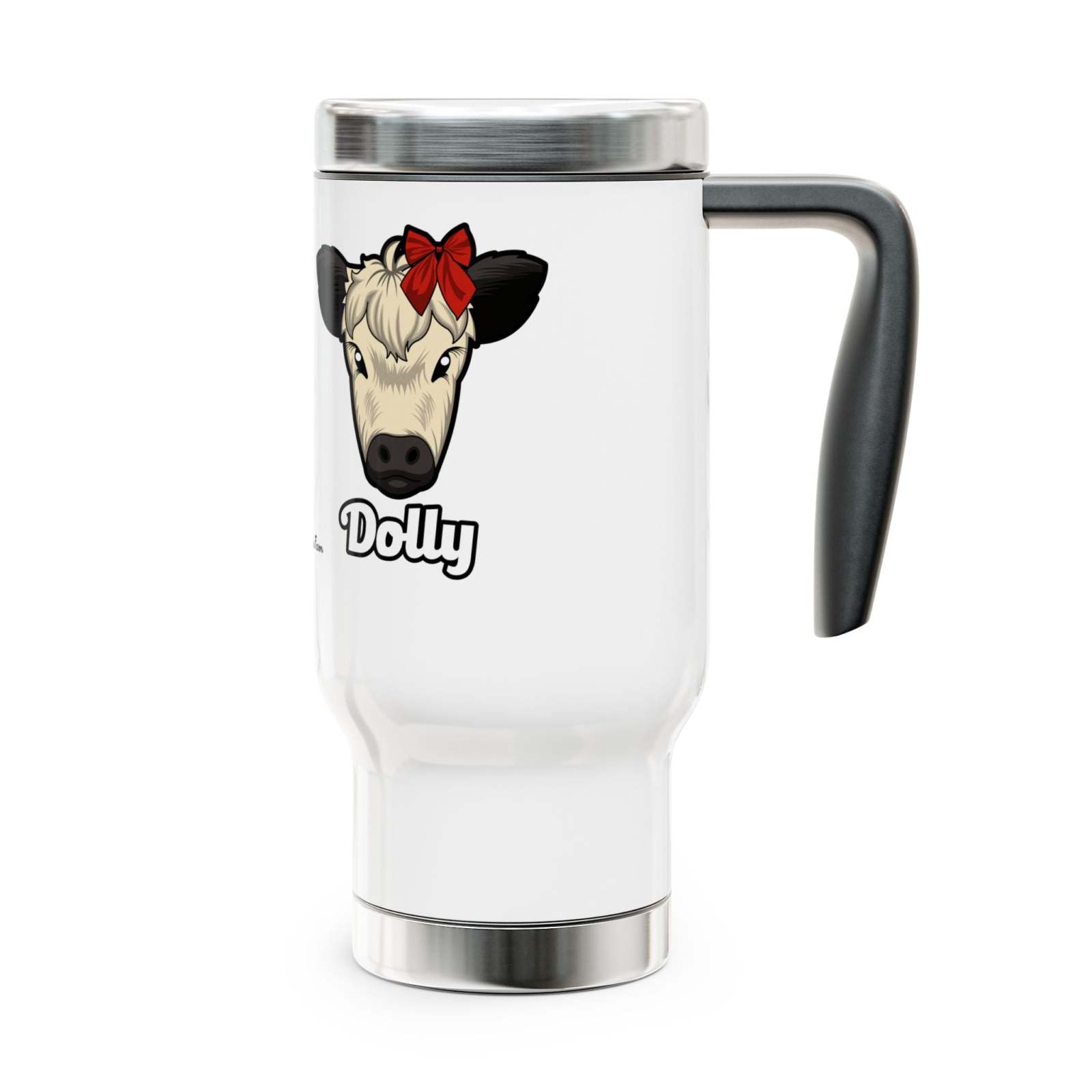 Farmhouse Cow Travel Mug with Dolly red bow cow design, 14oz stainless steel insulated mug with handle and spill-resistant lid