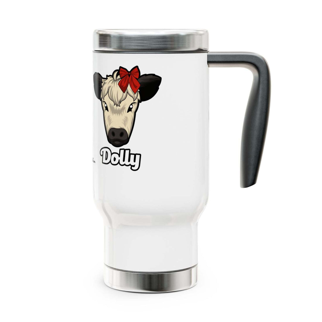 Farmhouse Cow Travel Mug with Dolly red bow cow design, 14oz stainless steel insulated mug with handle and spill-resistant lid