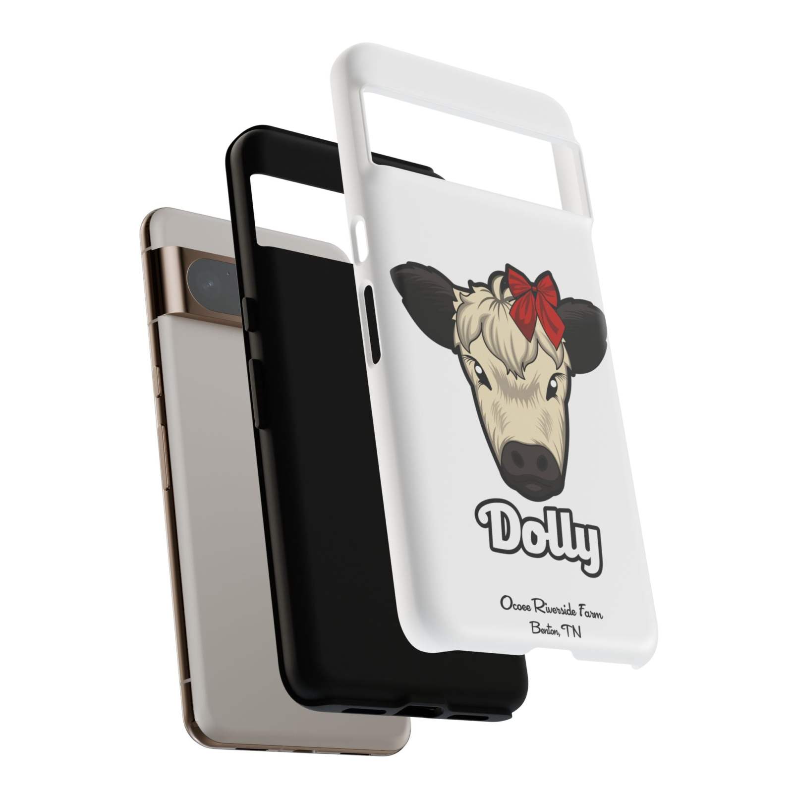 Farmhouse Chic Phone Case featuring Dolly the cow with red bow, offers rustic charm and protection.