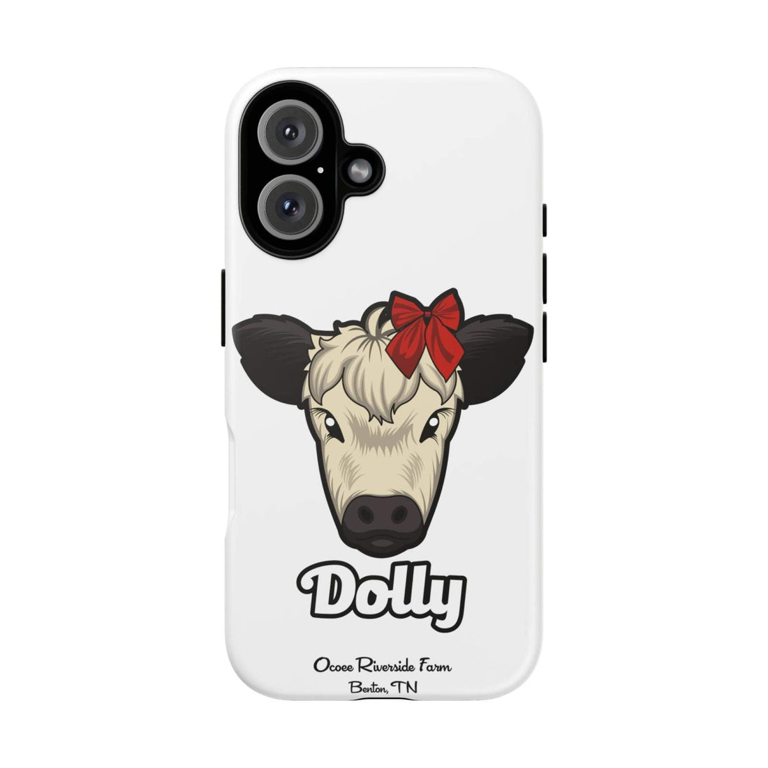 Farmhouse Chic Phone Case featuring Dolly the cow with a red bow, rustic and durable design for phone protection