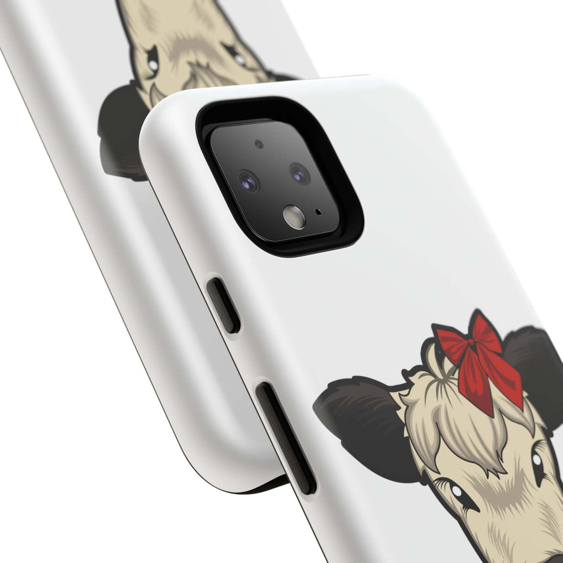 Farmhouse Chic Phone Case with Dolly the Red Bow Cow design, rustic charm, durable and stylish protection.