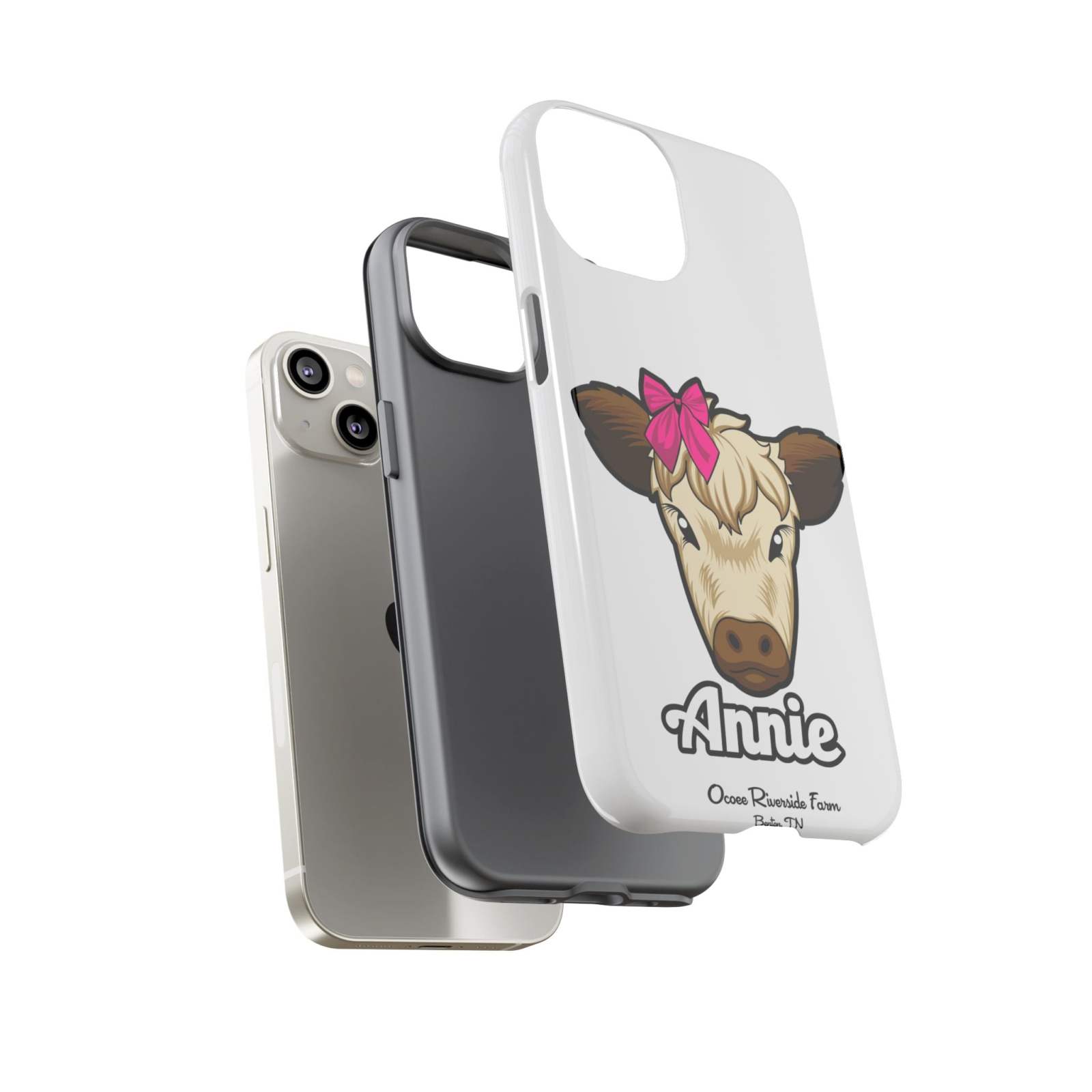 Cute Annie the Cow phone case with red bow, perfect farm animal lover gift, Ocoee Riverside design.