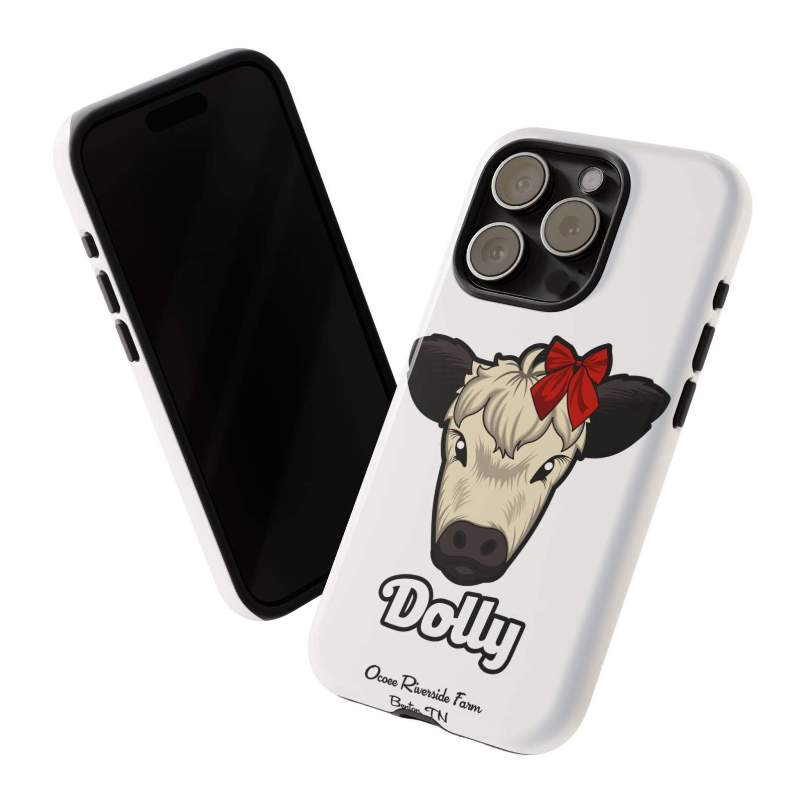 Farmhouse Chic Phone Case with Dolly the Red Bow Cow design, offering rustic charm and durable protection for your device.