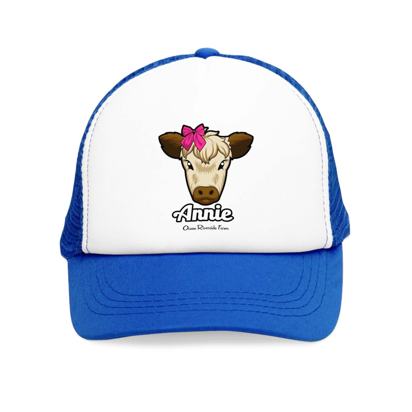 Farmhouse trucker cap with a cow design and red bow, blue mesh back.