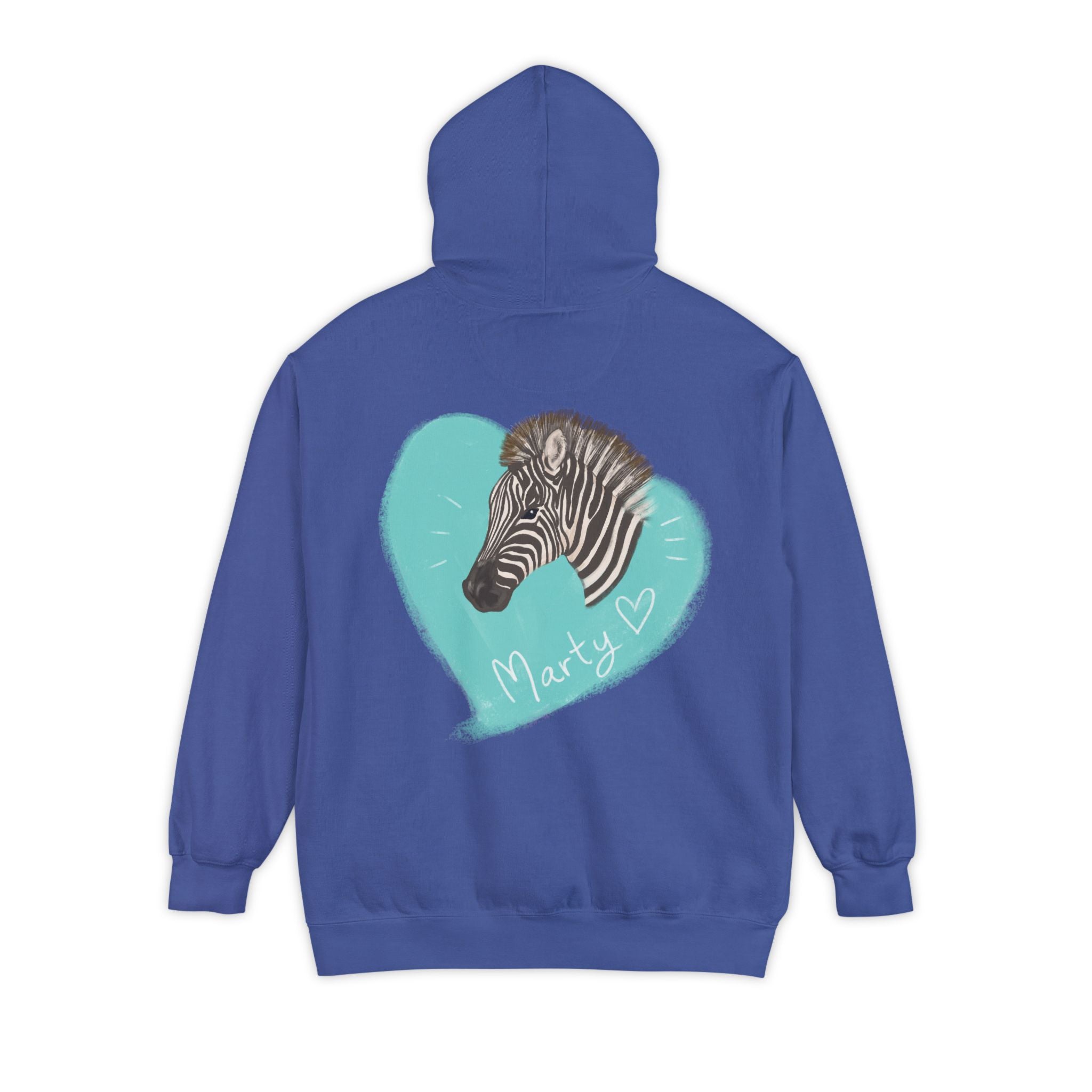 A zebra adorned with the word "Marty" creatively integrated into its stripes at Ocoee Riverside Farm Unisex Hoodie