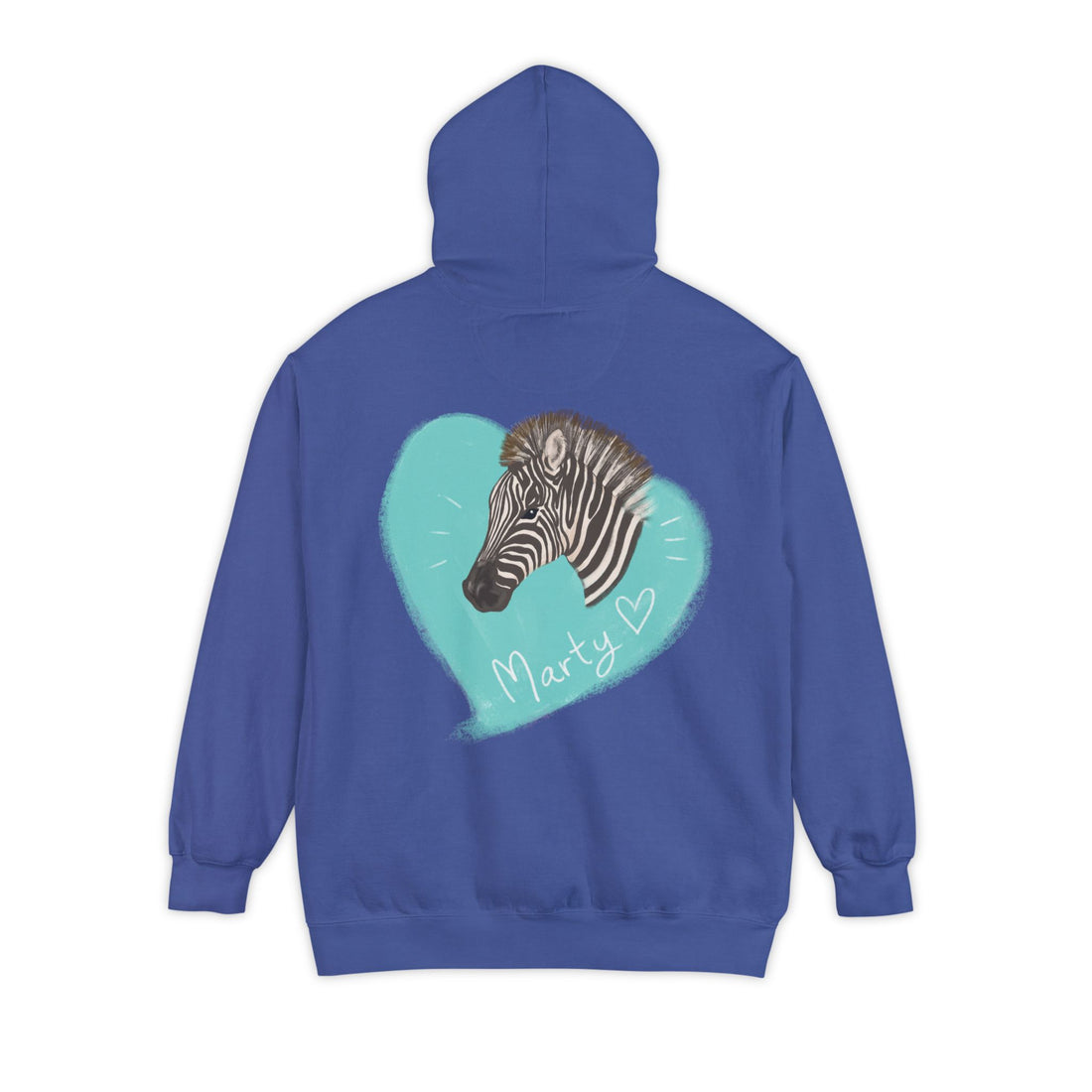A zebra adorned with the word "Marty" creatively integrated into its stripes at Ocoee Riverside Farm Unisex Hoodie