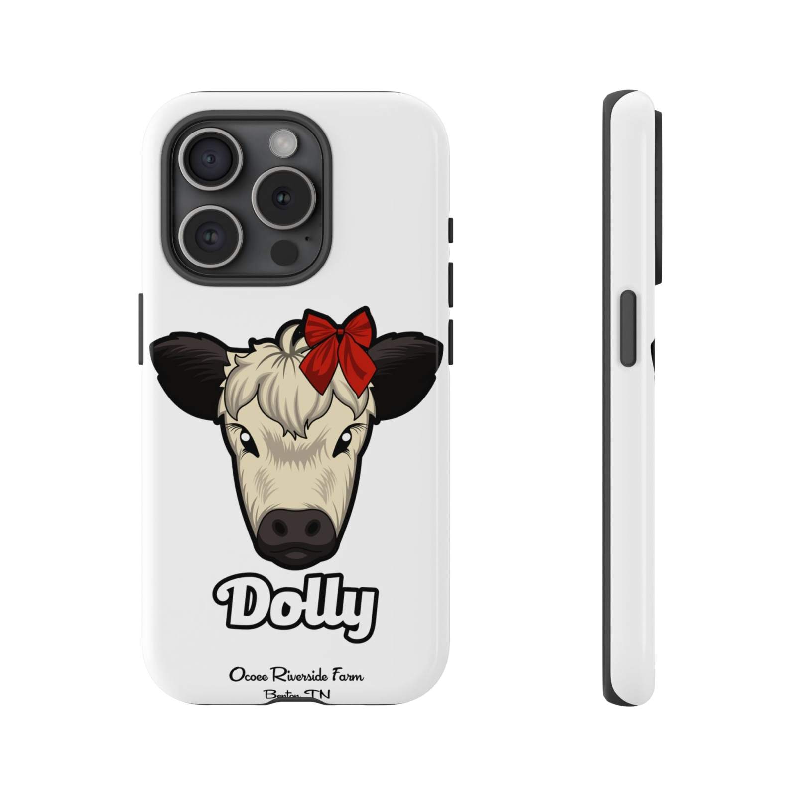 Farmhouse Chic Phone Case featuring Dolly the cow with a red bow, durable protective design, compatible with wireless charging