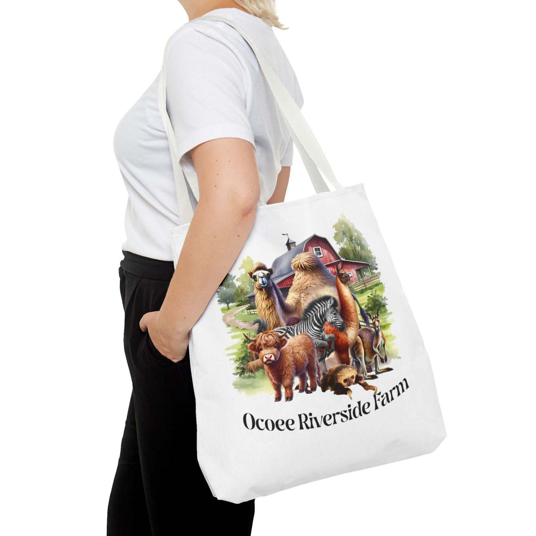 Woman carrying white eco-friendly Animals Tote Bag with farm animals and Ocoee Riverside Farm text