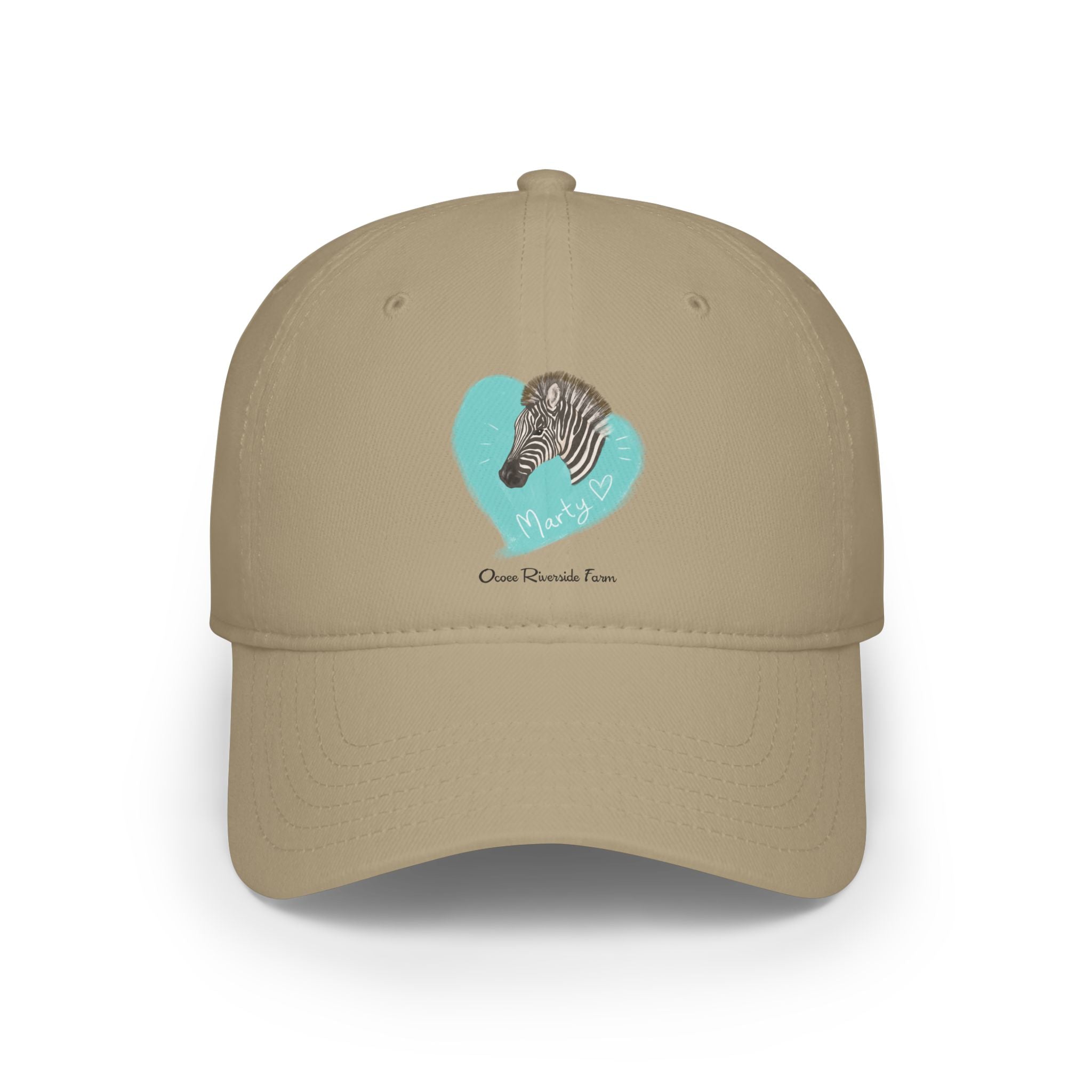 A zebra adorned with the word "Marty" creatively integrated into its stripes at Ocoee Riverside Farm Baseball Cap - for Outdoor Adventures