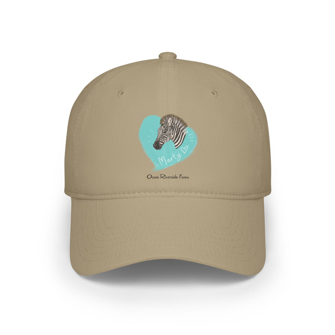 A zebra adorned with the word "Marty" creatively integrated into its stripes at Ocoee Riverside Farm Baseball Cap - for Outdoor Adventures
