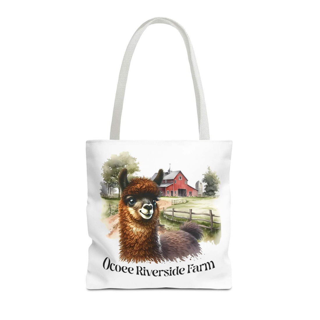 Llama at Ocoee Riverside Farm Tote Bag with cute llama and rustic farm illustration, durable polyester, reinforced handles, multiple sizes and color options.