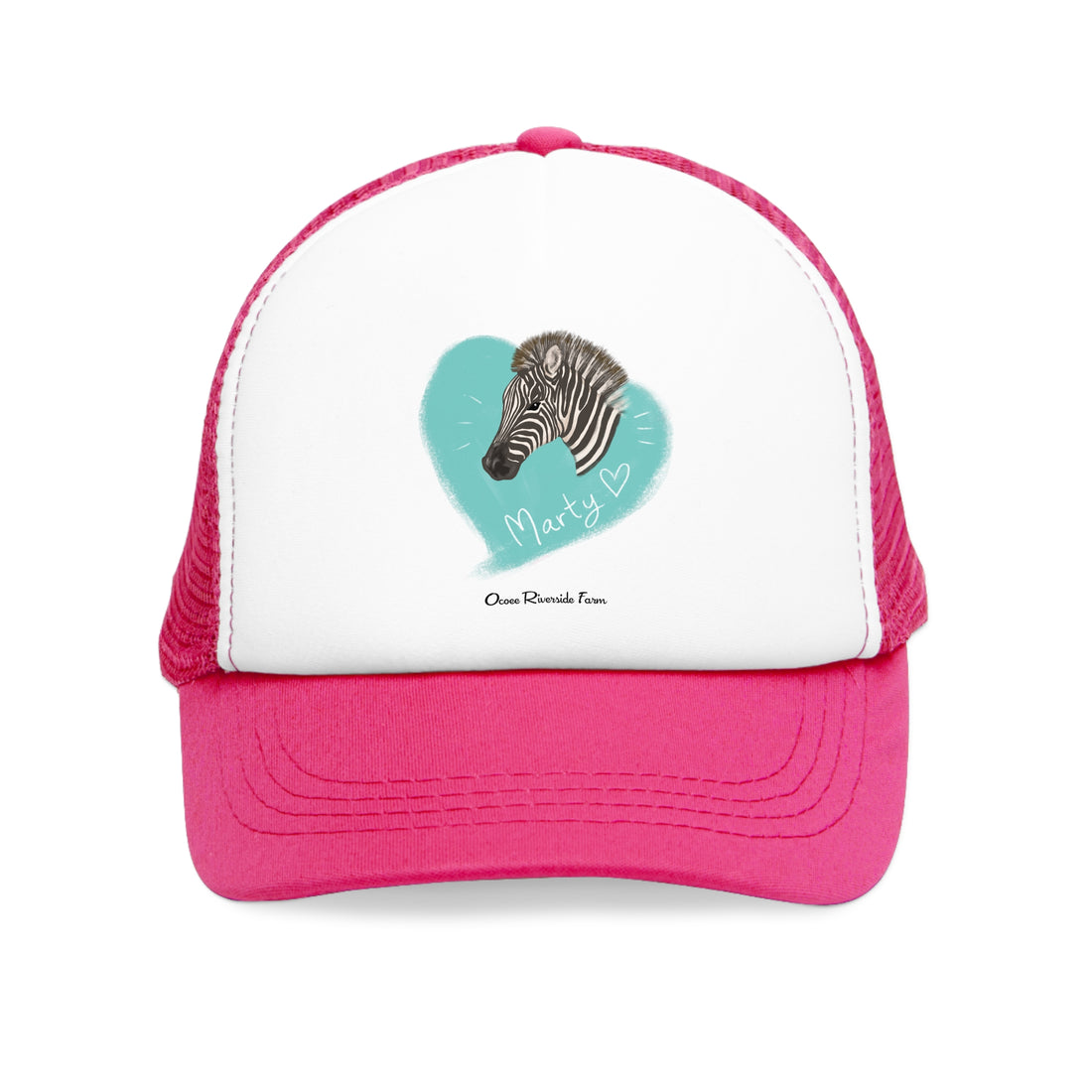 A zebra adorned with the word "Marty" creatively integrated into its stripes at Ocoee Riverside Farm Trucker Cap