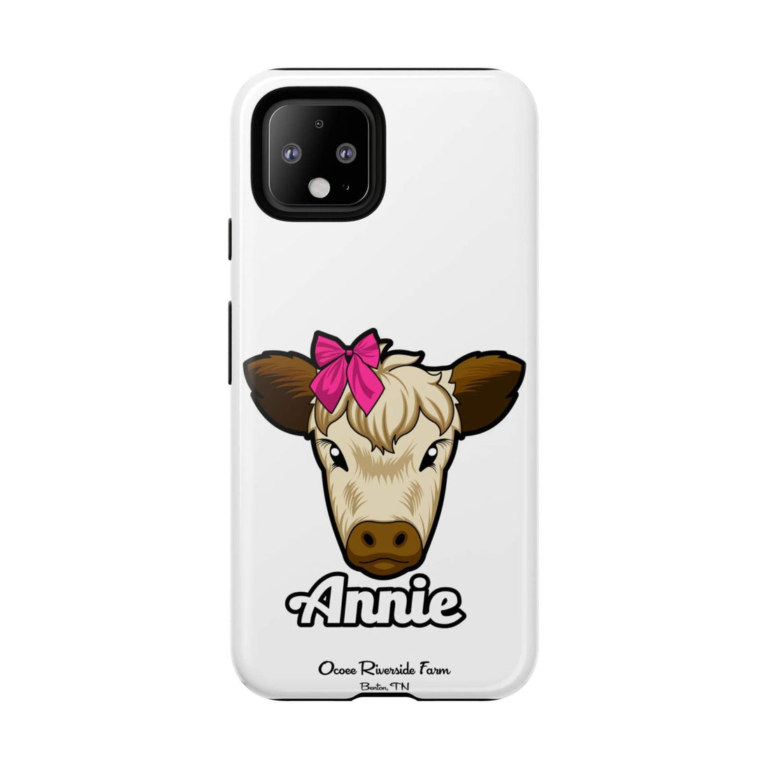 Farm animal lover gift, Annie the Cow phone case with cute farmhouse design and red bow.