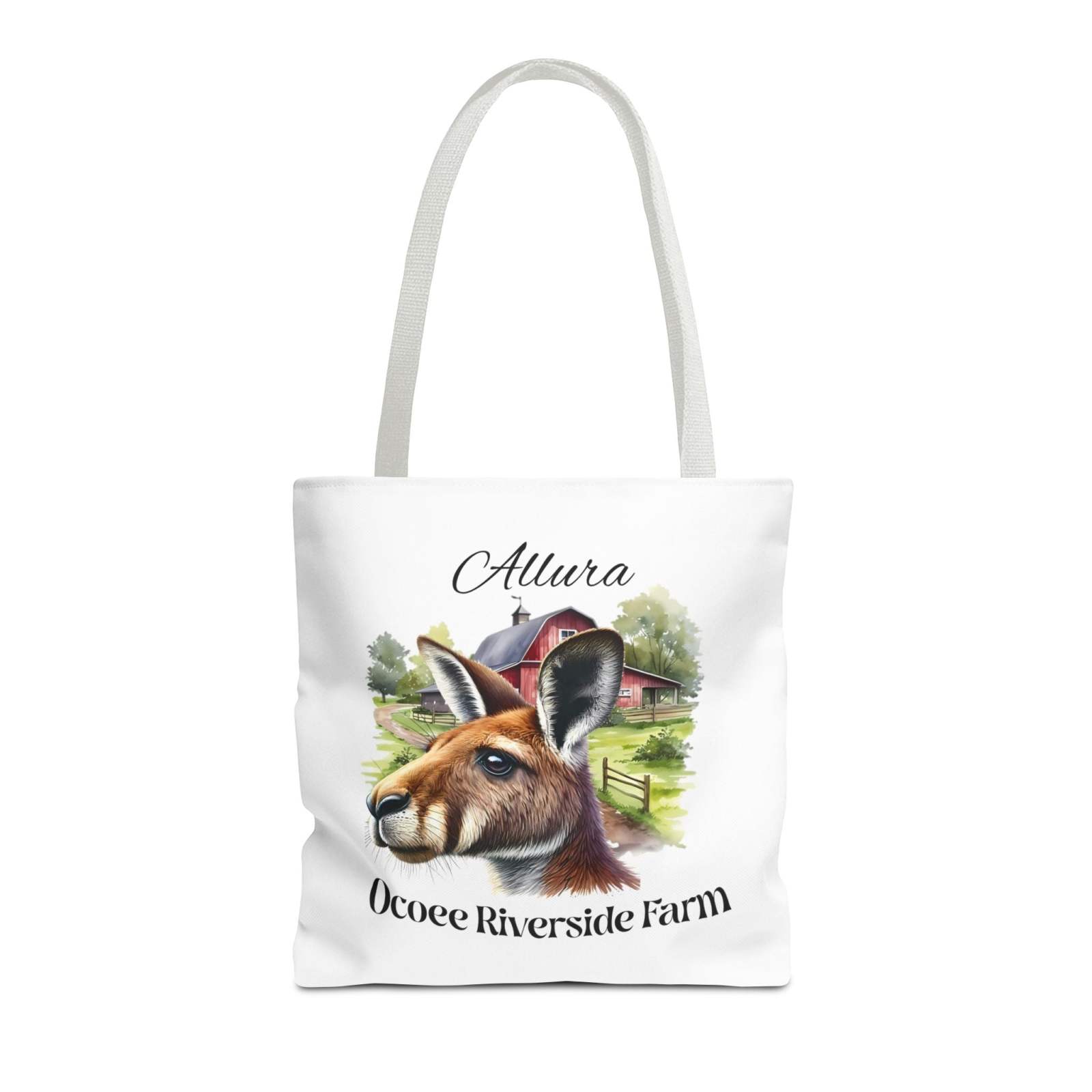 Allura Kangaroo Tote Bag with Ocoee Riverside Farm kangaroo design, eco-friendly polyester shopping tote with reinforced handles and boxed corners