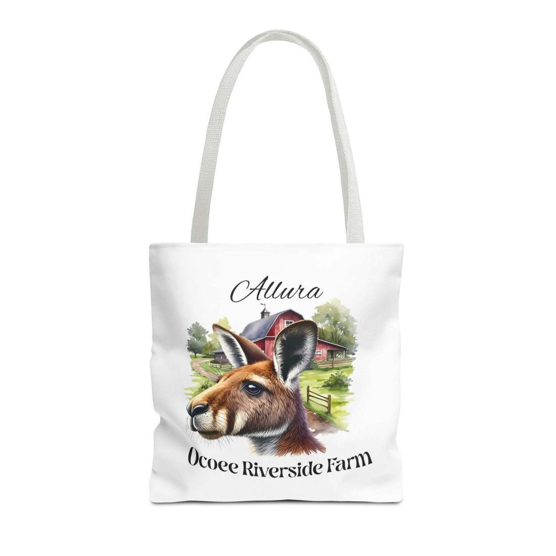 Allura Kangaroo Tote Bag with Ocoee Riverside Farm kangaroo design, eco-friendly polyester shopping tote with reinforced handles and boxed corners