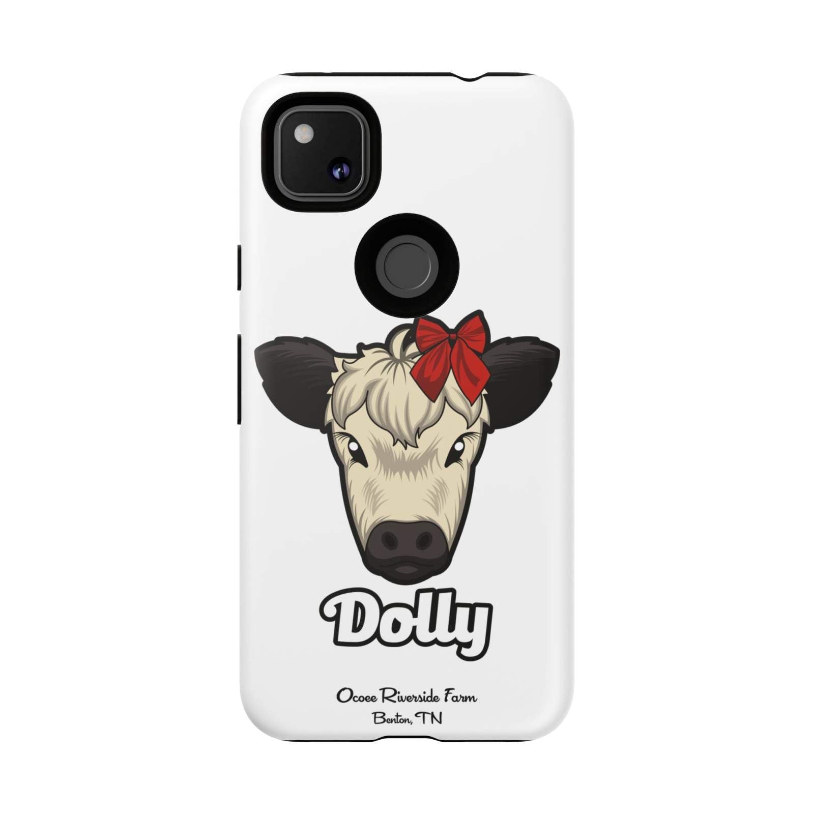 Farmhouse Chic Phone Case featuring Dolly the cow with a red bow and rustic country design