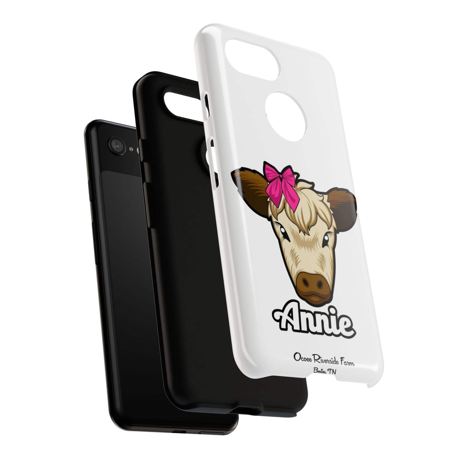 Cute farm animal phone case featuring Annie the Cow with a red bow; ideal farm animal lover gift.
