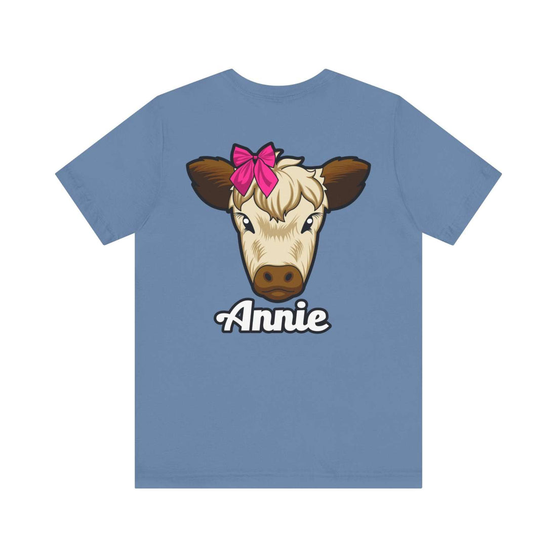 Blue Farm Life T-Shirt featuring Annie the Cow with a red bow, perfect for country living enthusiasts.
