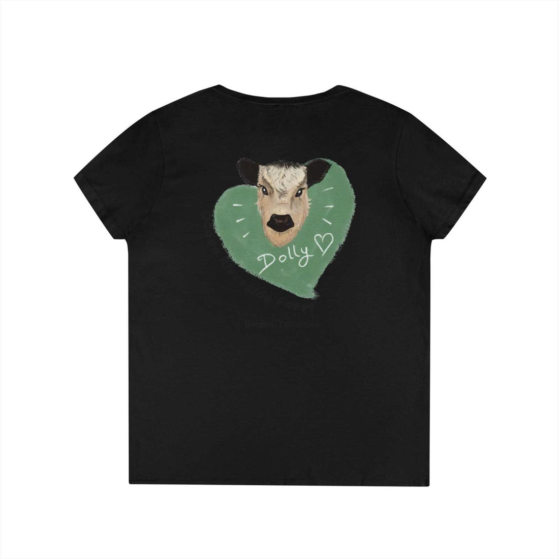 Black Rustic Farm Style V-Neck women's t-shirt with a cow face illustration inside a green heart and "Dolly" text on the back