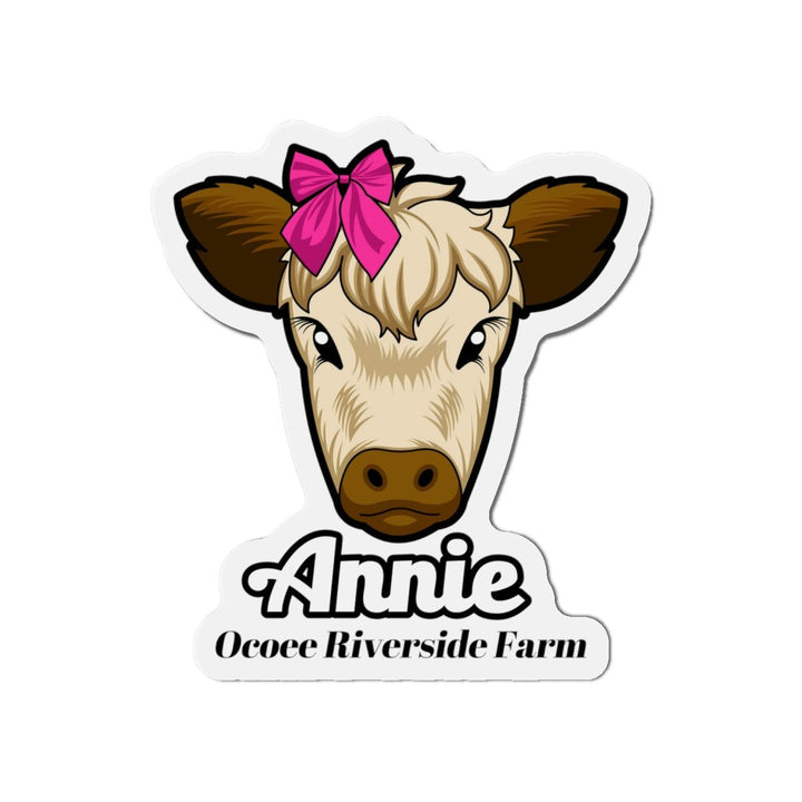 Cow Die-Cut Magnet featuring cute cow face with pink bow and "Annie Ocoee Riverside Farm" text, farmhouse decor for fridge or office.