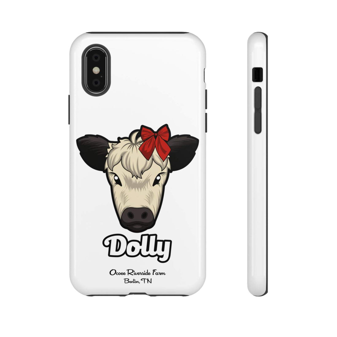 Farmhouse Chic Phone Case featuring Dolly the cow with a red bow, durable and stylish protection for phones.