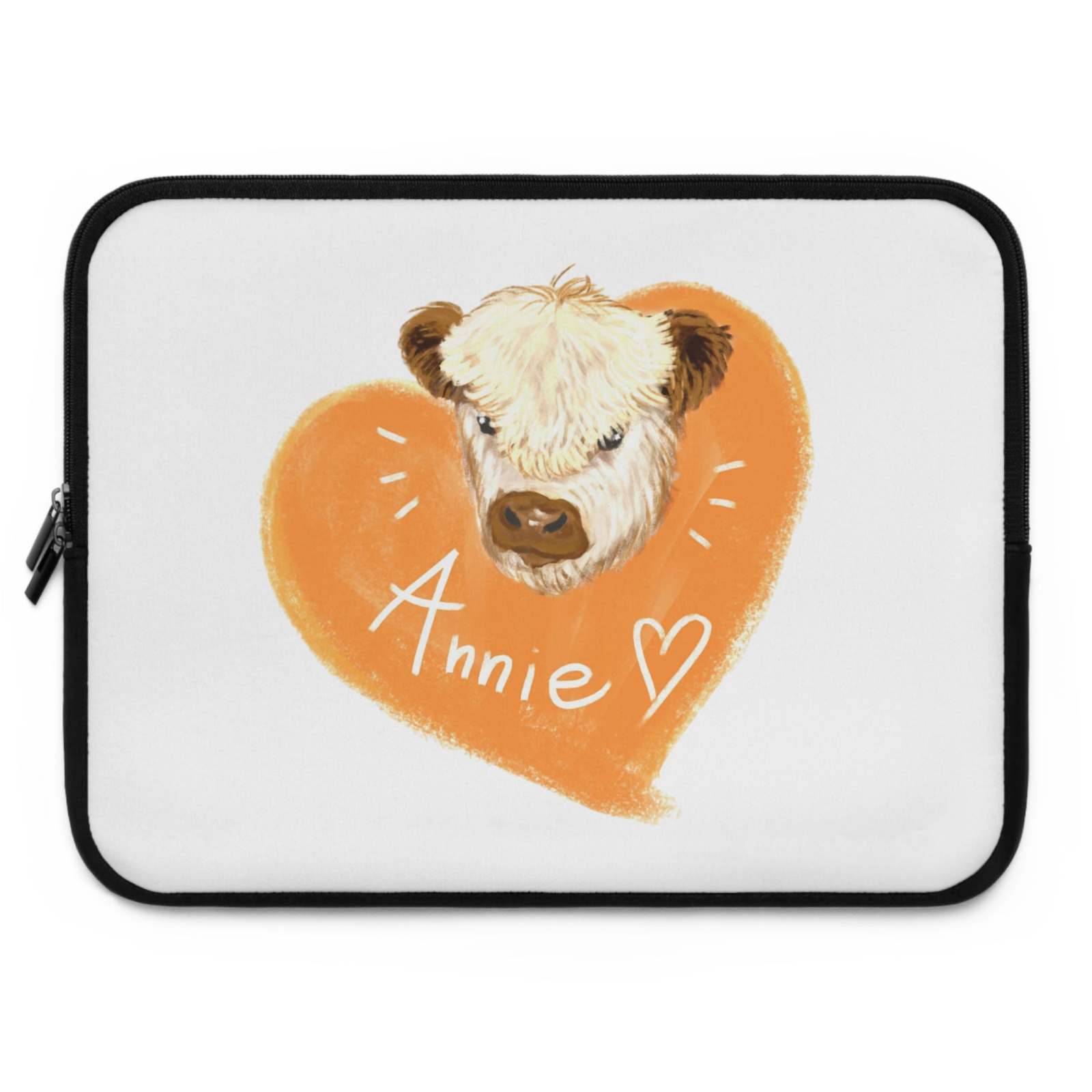 Custom Cow Laptop Sleeve with heart design and personalized name Annie, durable neoprene protective case for animal lovers