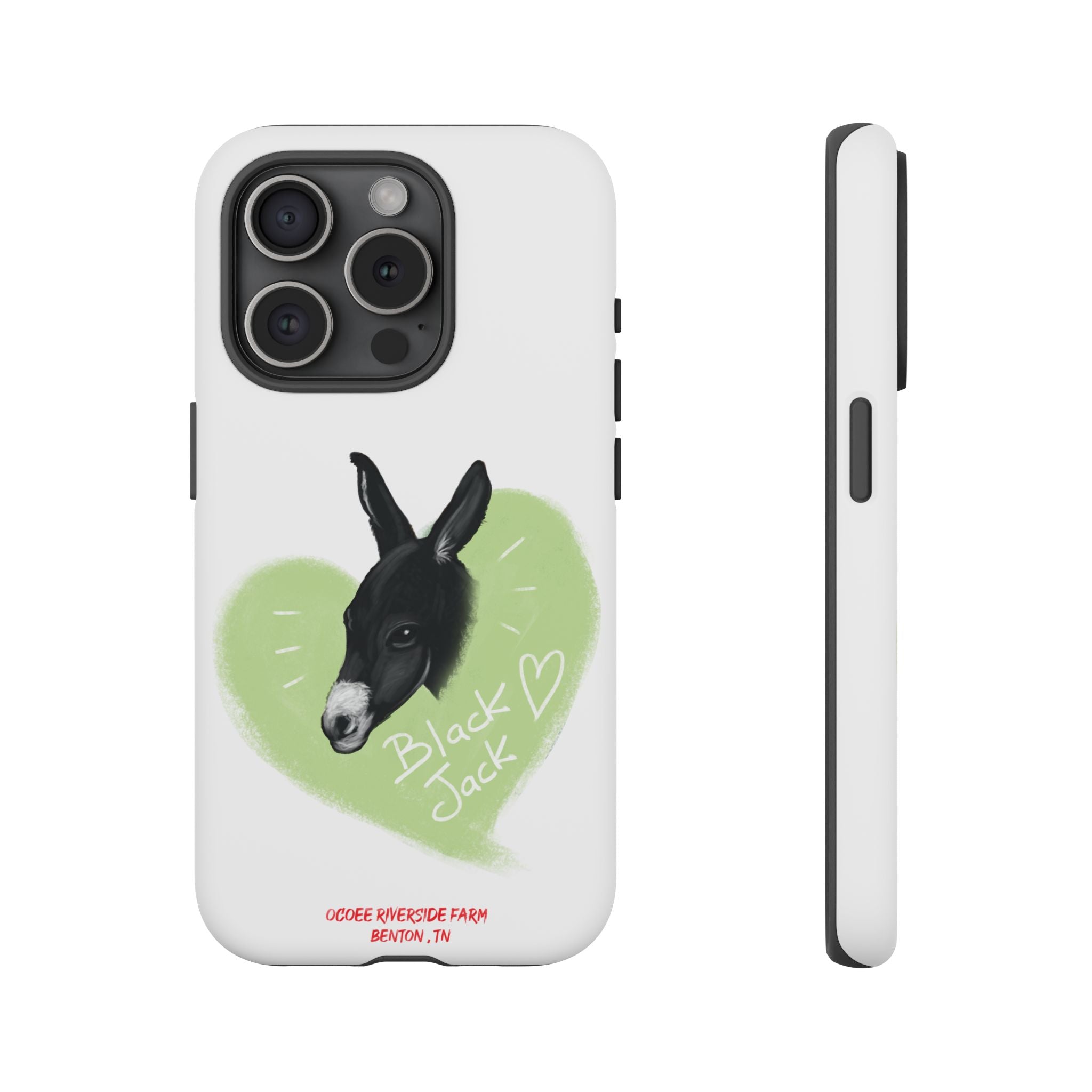 A donkey featuring the words "Black Jack" prominently displayed on its side at Ocoee Riverside Farm Phone Case