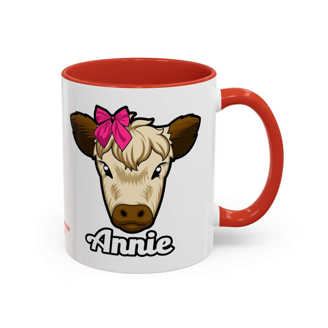 Farmhouse cow coffee mug with red handle featuring cow design with red bow, text "Annie."