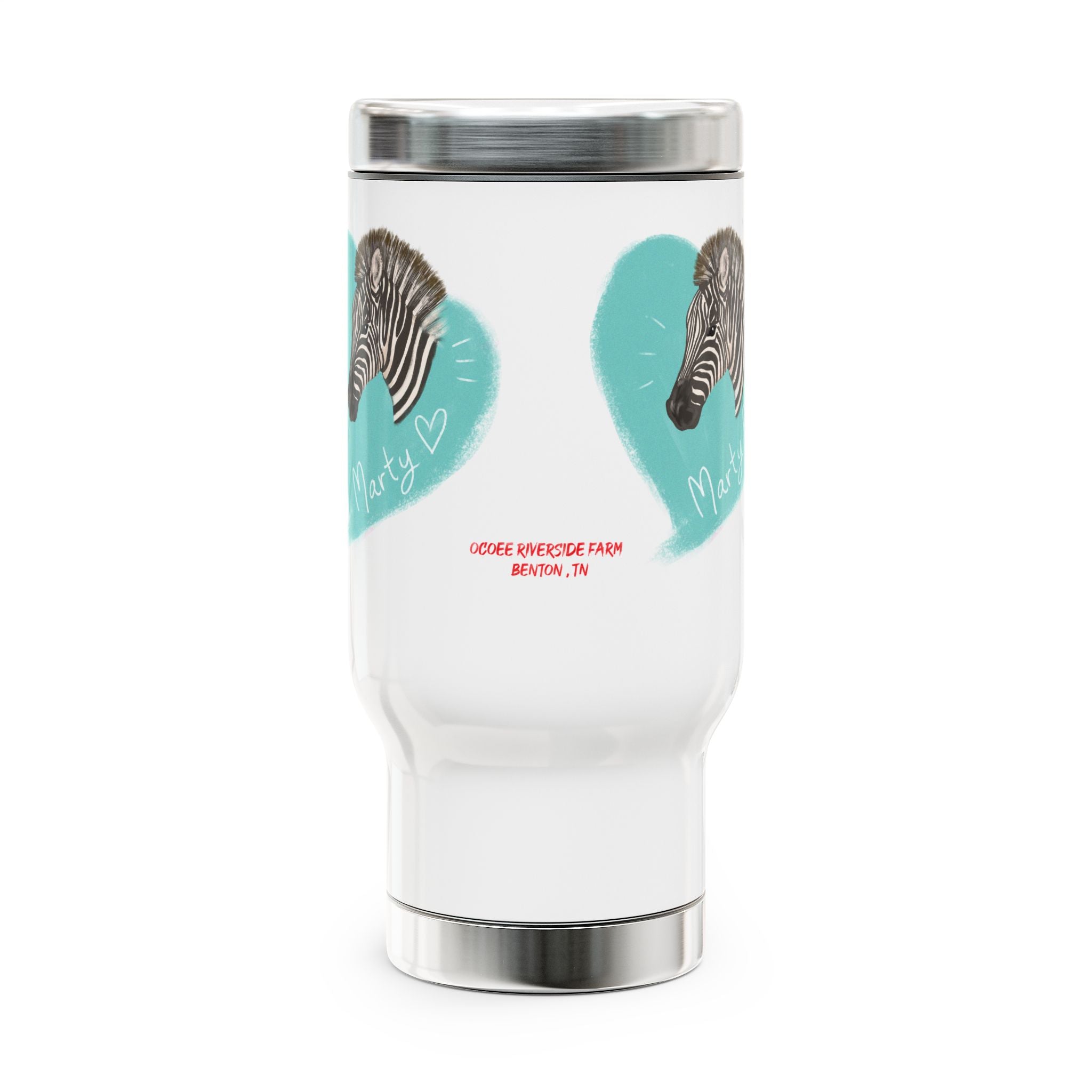 A zebra adorned with the word "Marty" creatively integrated into its stripes at Ocoee Riverside Farm Stainless Steel Travel Mug with Handle - 14oz