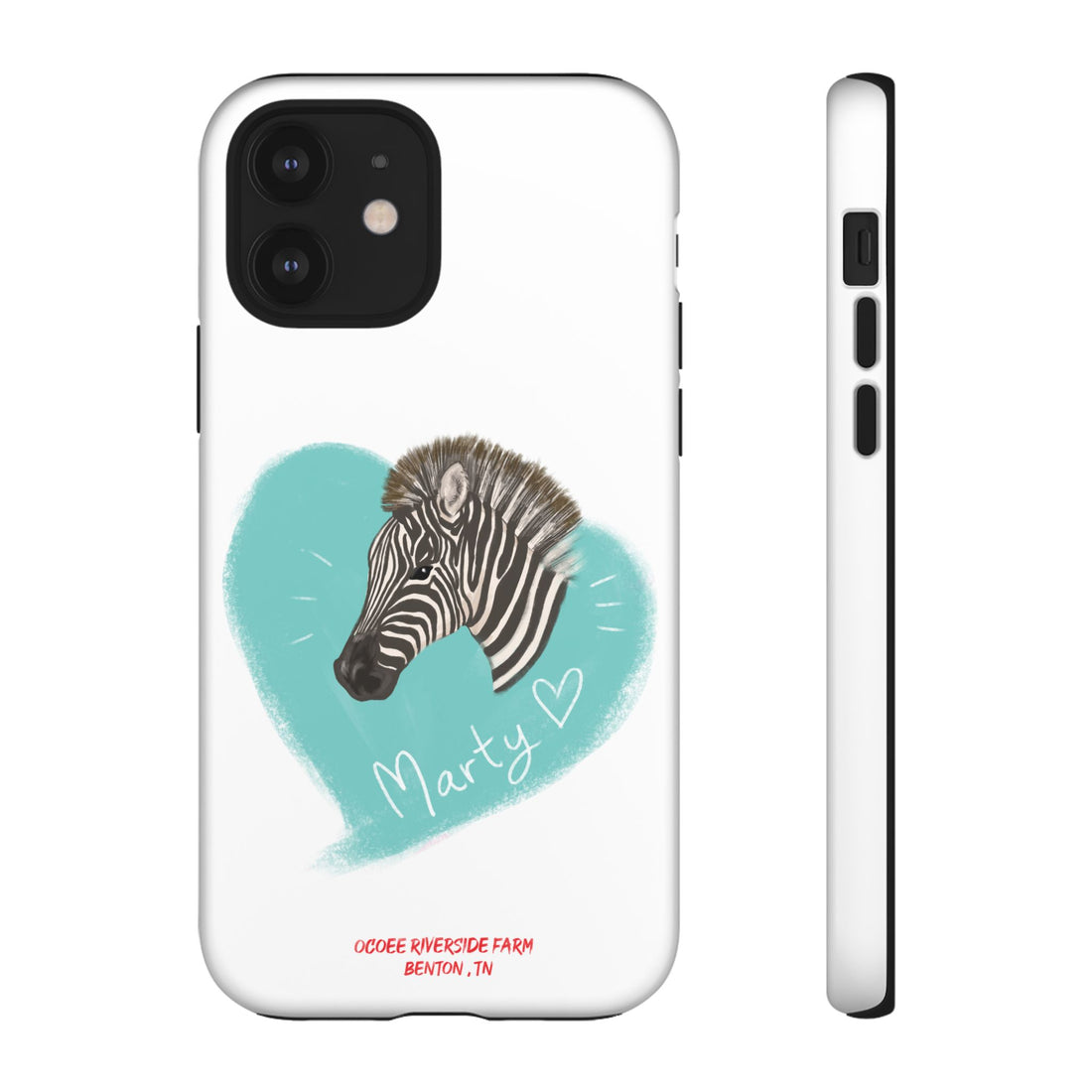 A zebra adorned with the word "Marty" creatively integrated into its stripes at Ocoee Riverside Farm Phone Case