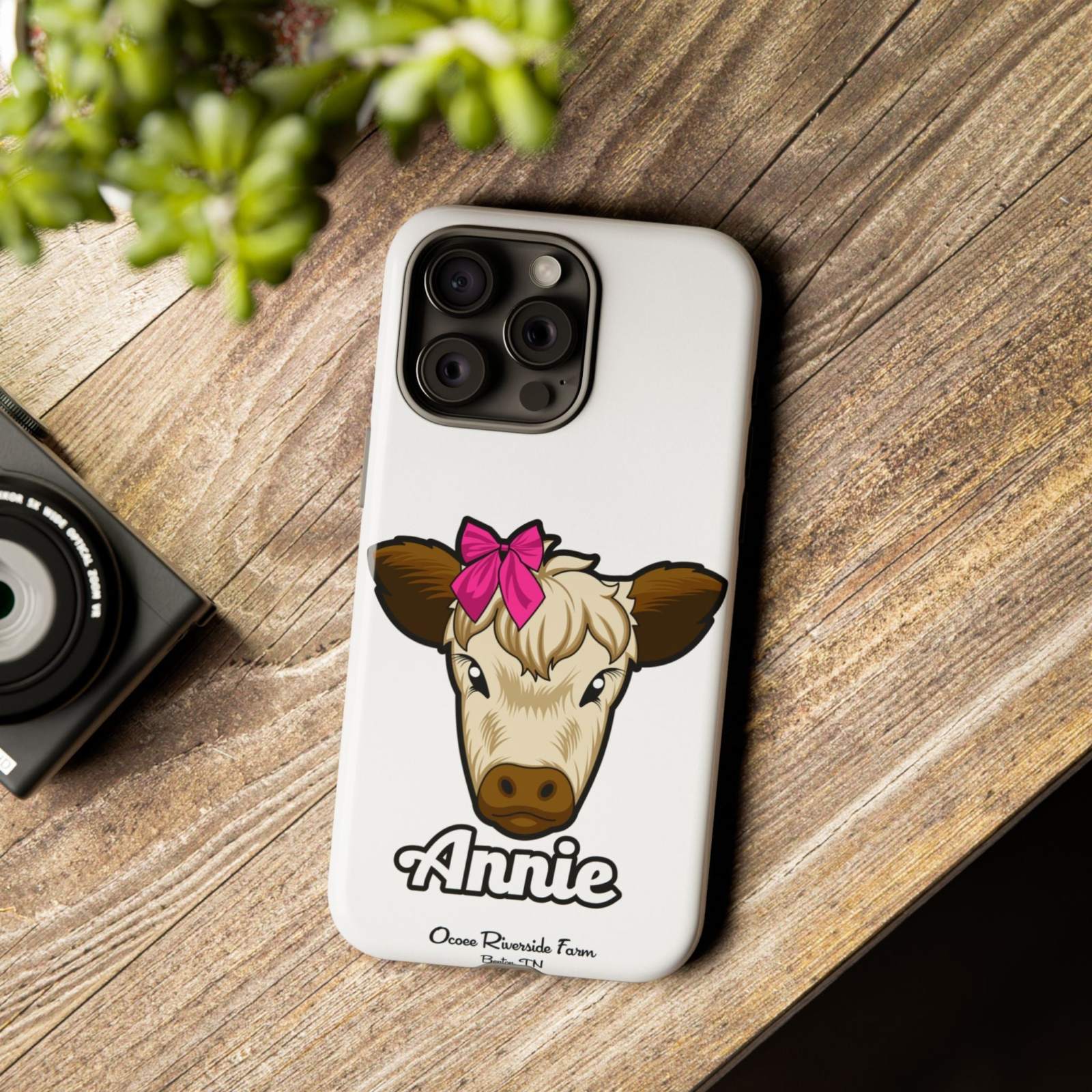 Cute cow phone case with red bow, farmhouse design, farm animal lover gift.