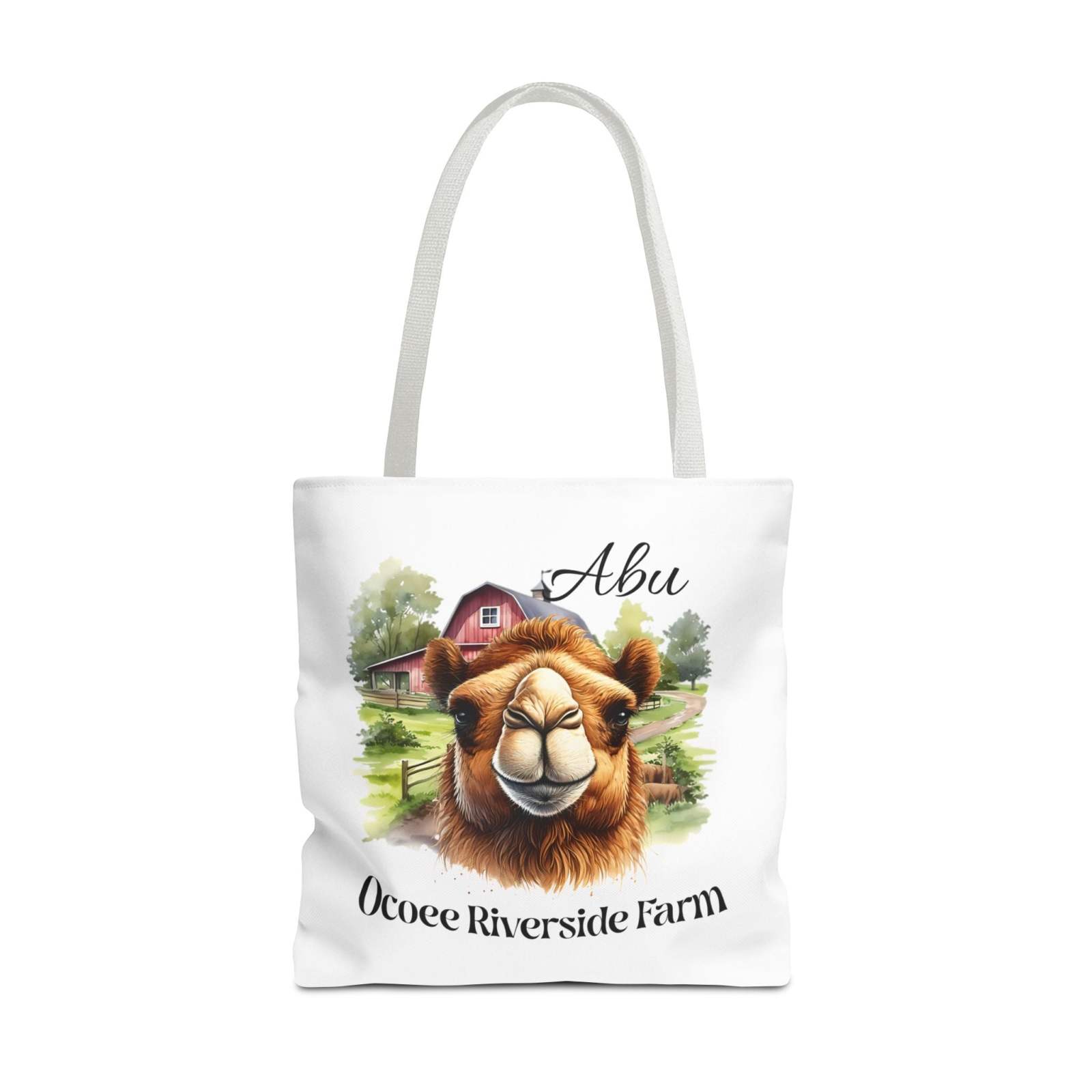 Eco-friendly Abu Camel Tote Bag with camel illustration and Ocoee Riverside Farm design, durable polyester shopping bag