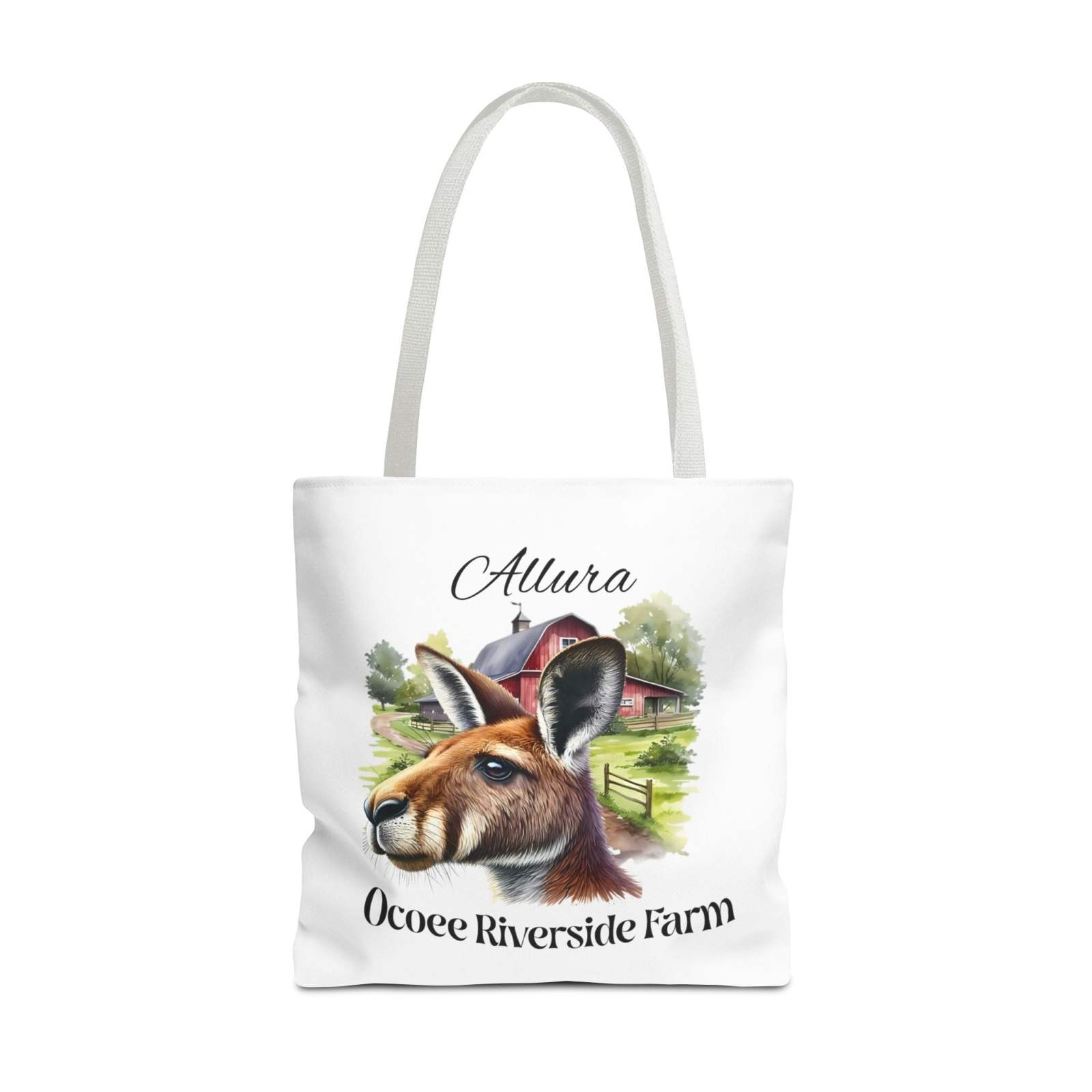 Allura Kangaroo Tote Bag featuring kangaroo and farm design, eco-friendly shopping bag with durable polyester and reinforced handles.