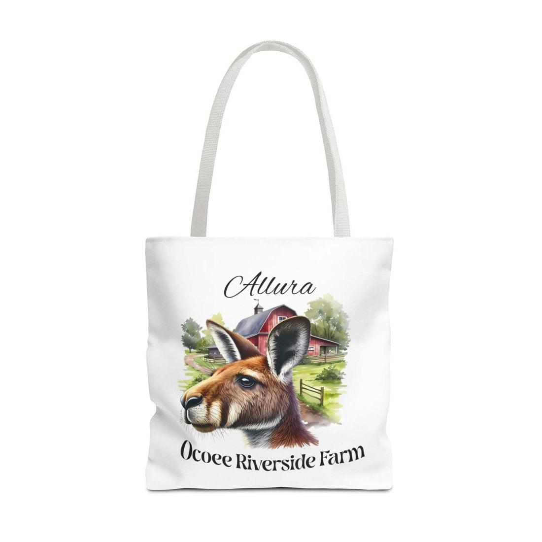 Allura Kangaroo Tote Bag featuring kangaroo and farm design, eco-friendly shopping bag with durable polyester and reinforced handles.