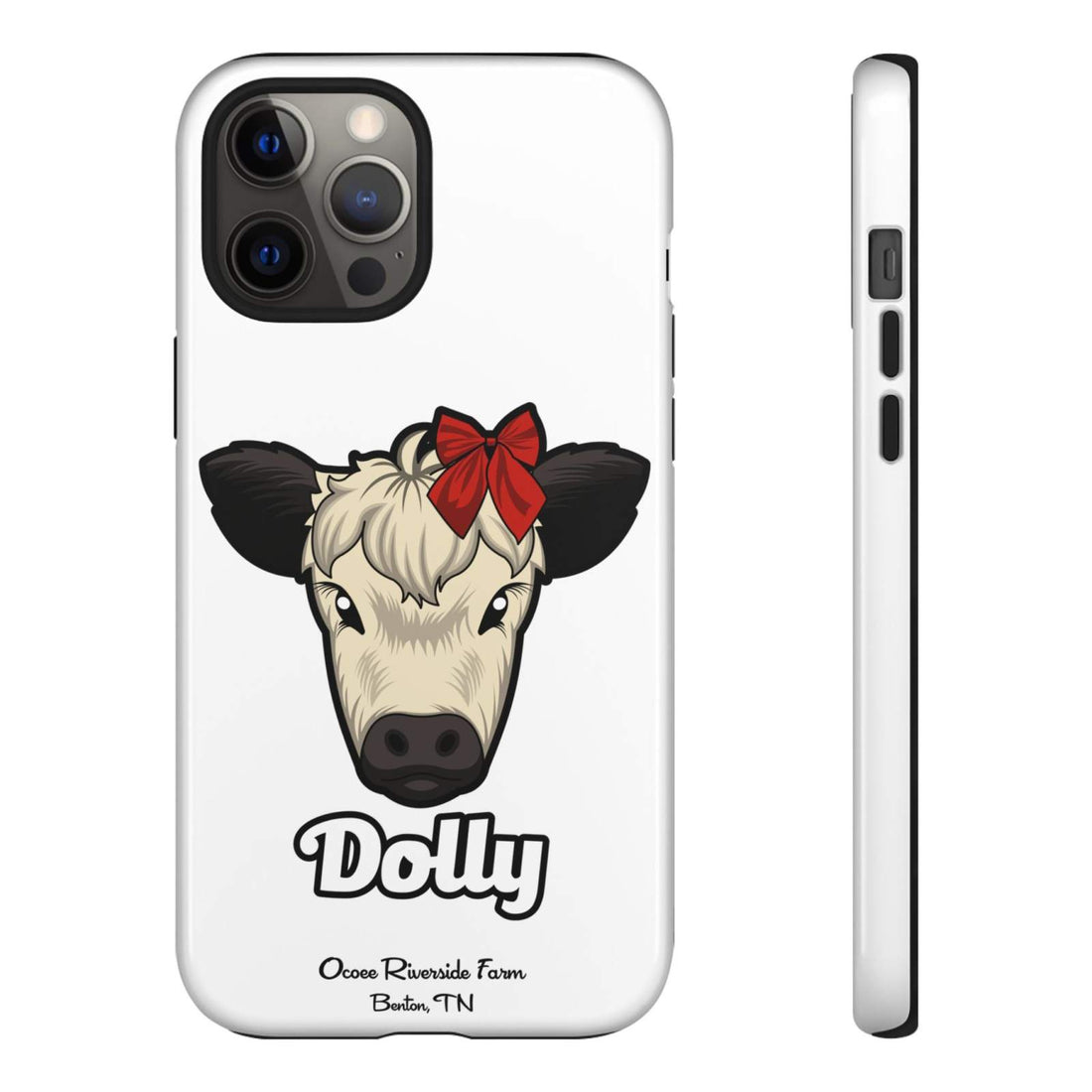 Farmhouse Chic Phone Case featuring Dolly the cow with a red bow, durable protective design