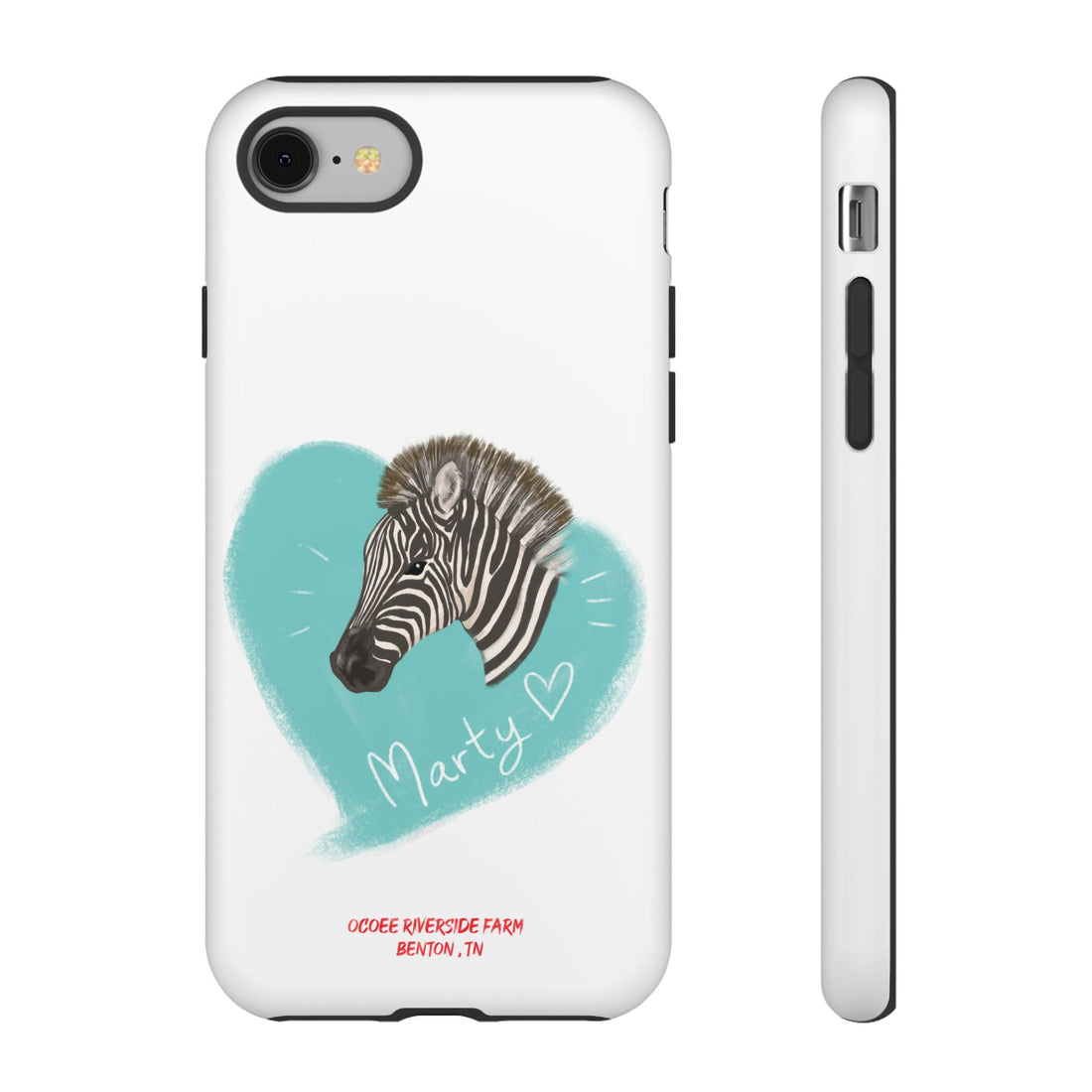 A zebra adorned with the word "Marty" creatively integrated into its stripes at Ocoee Riverside Farm Phone Case