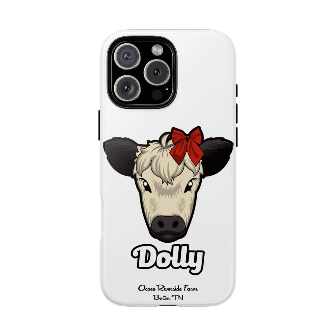 Farmhouse Chic Phone Case featuring Dolly the cow with a red bow, durable and stylish rustic design