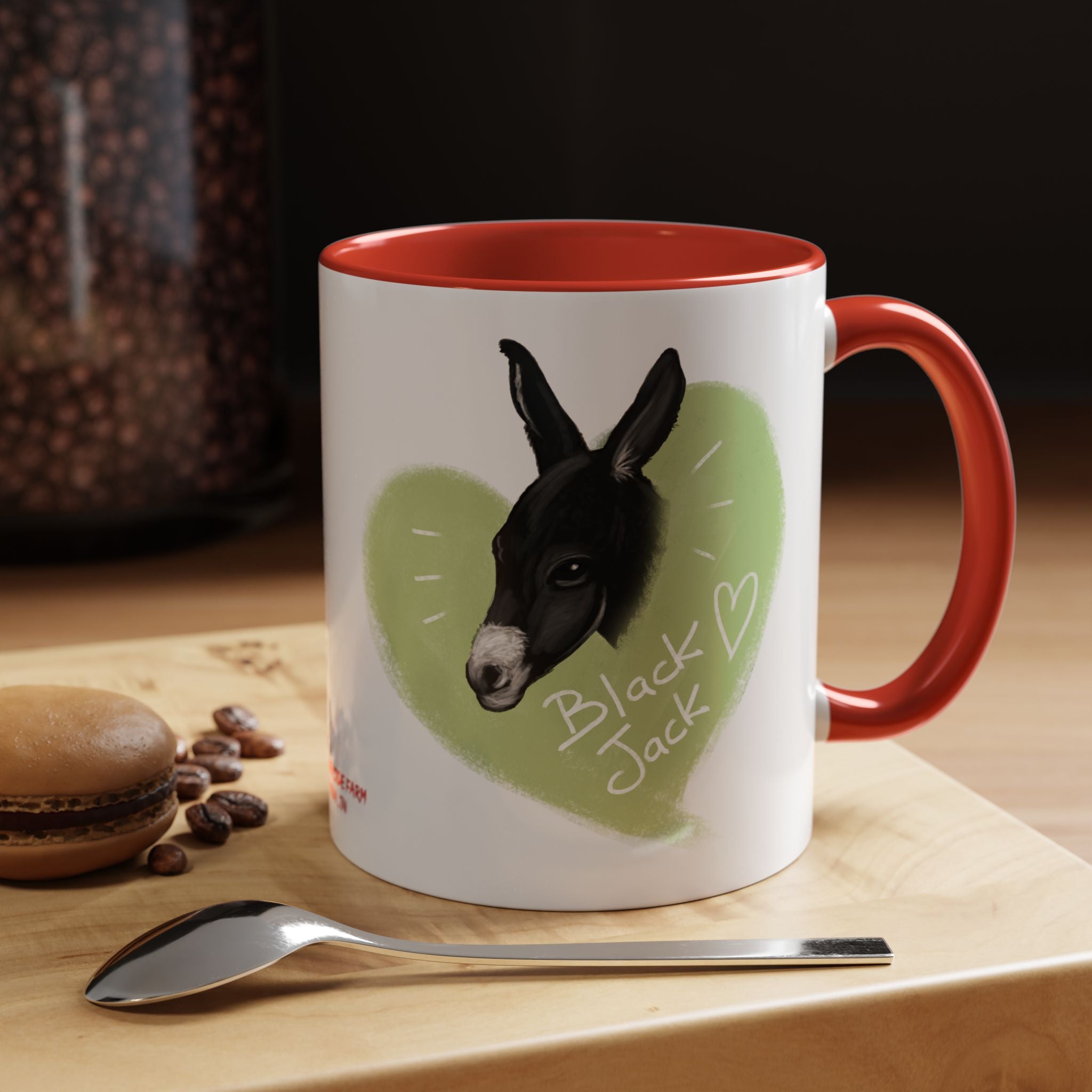 A donkey featuring the words "Black Jack" prominently displayed on its side at Ocoee Riverside Farm Coffee Mug