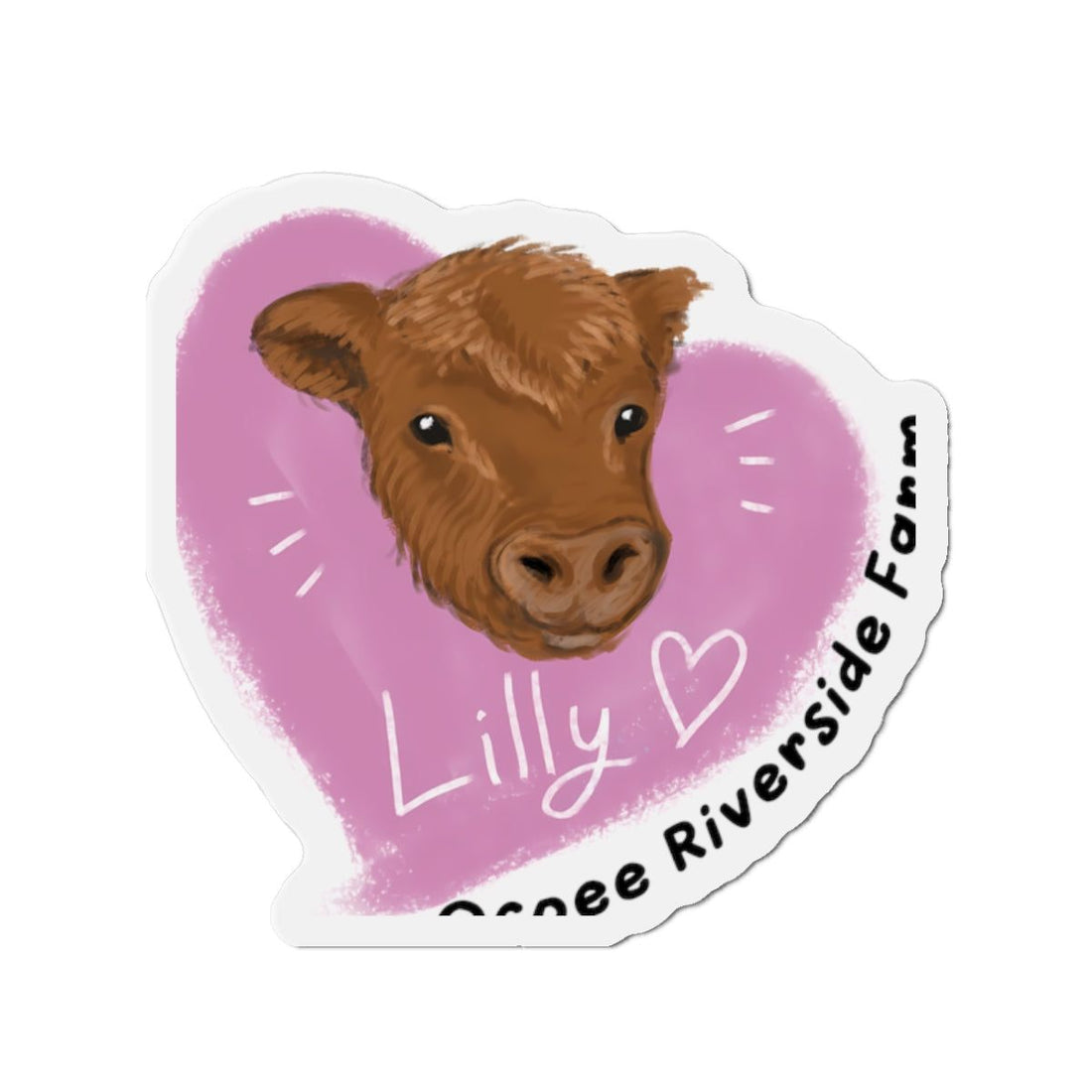 Farm Animal Die-Cut Magnet featuring adorable cow face with pink heart background, durable and colorful home decor accessory.