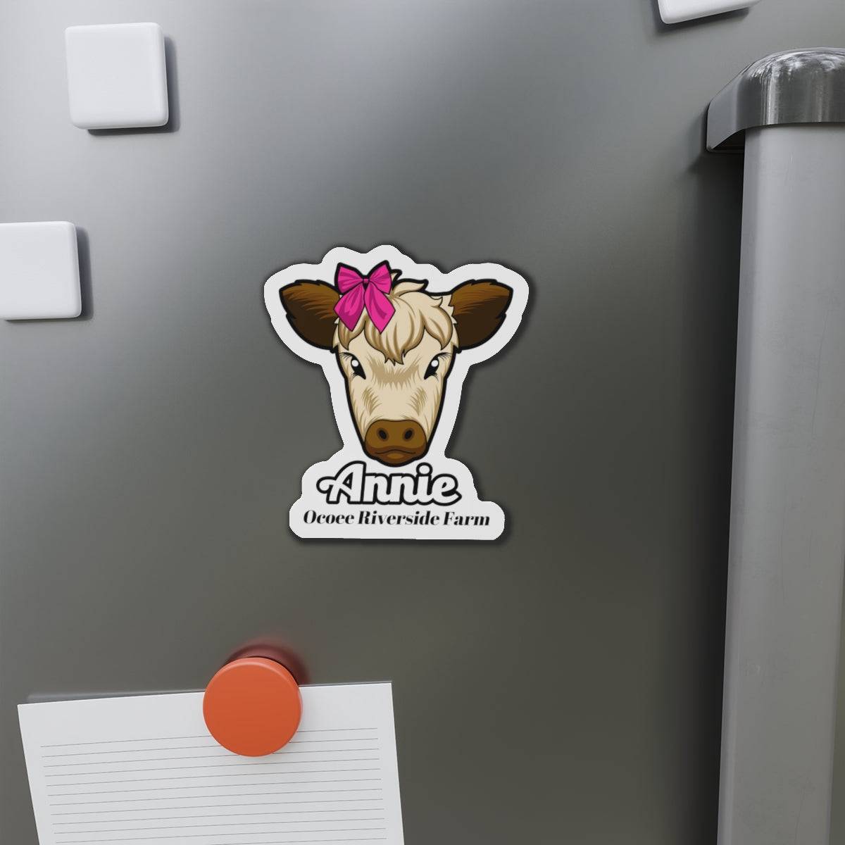 Cow die-cut magnet with a cute cow face and pink bow, farmhouse decor for fridge or office