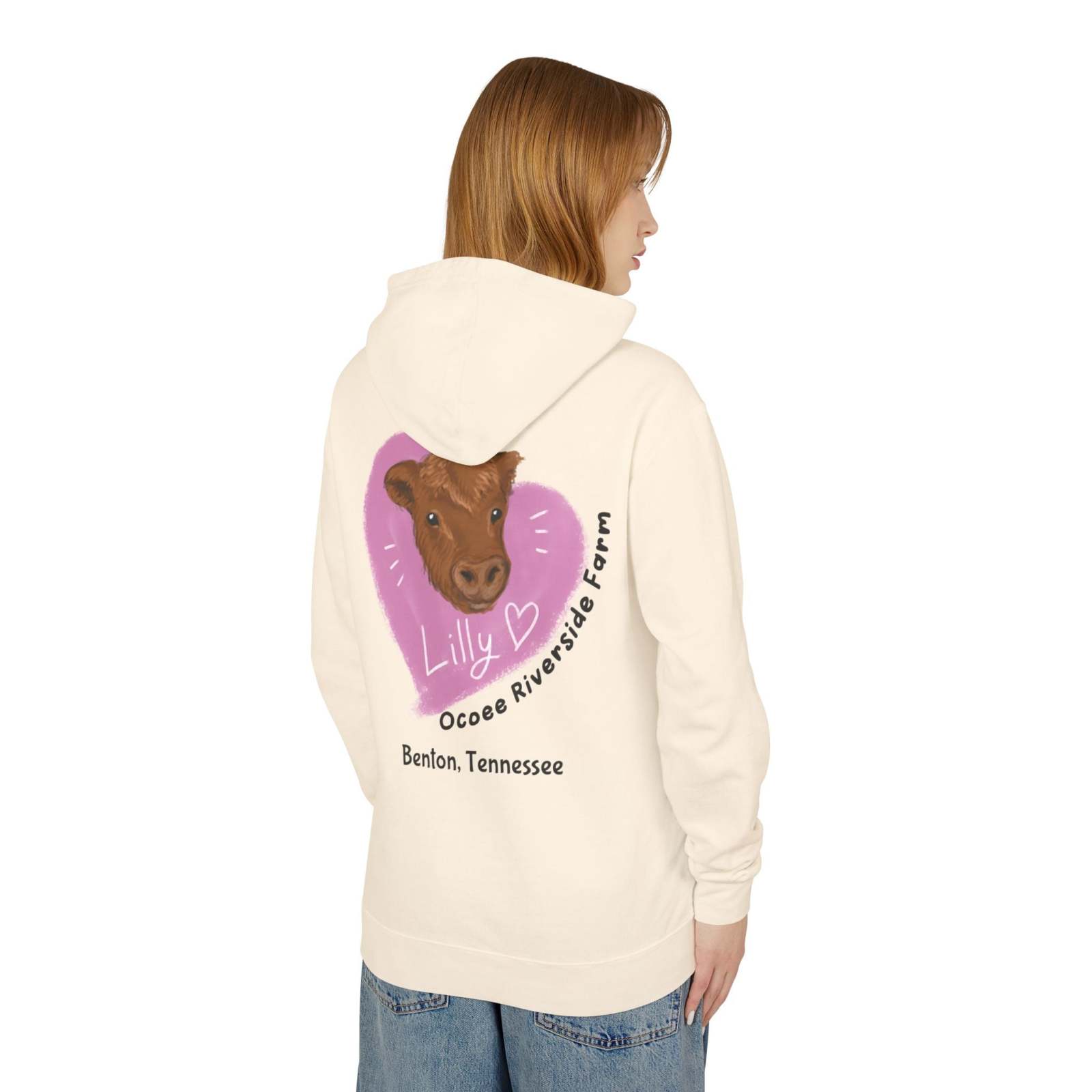 Unisex lightweight Cute Cow Hoodie featuring a cow illustration and Ocoee Riverside Farm text on the back, perfect for casual wear and farm lovers.