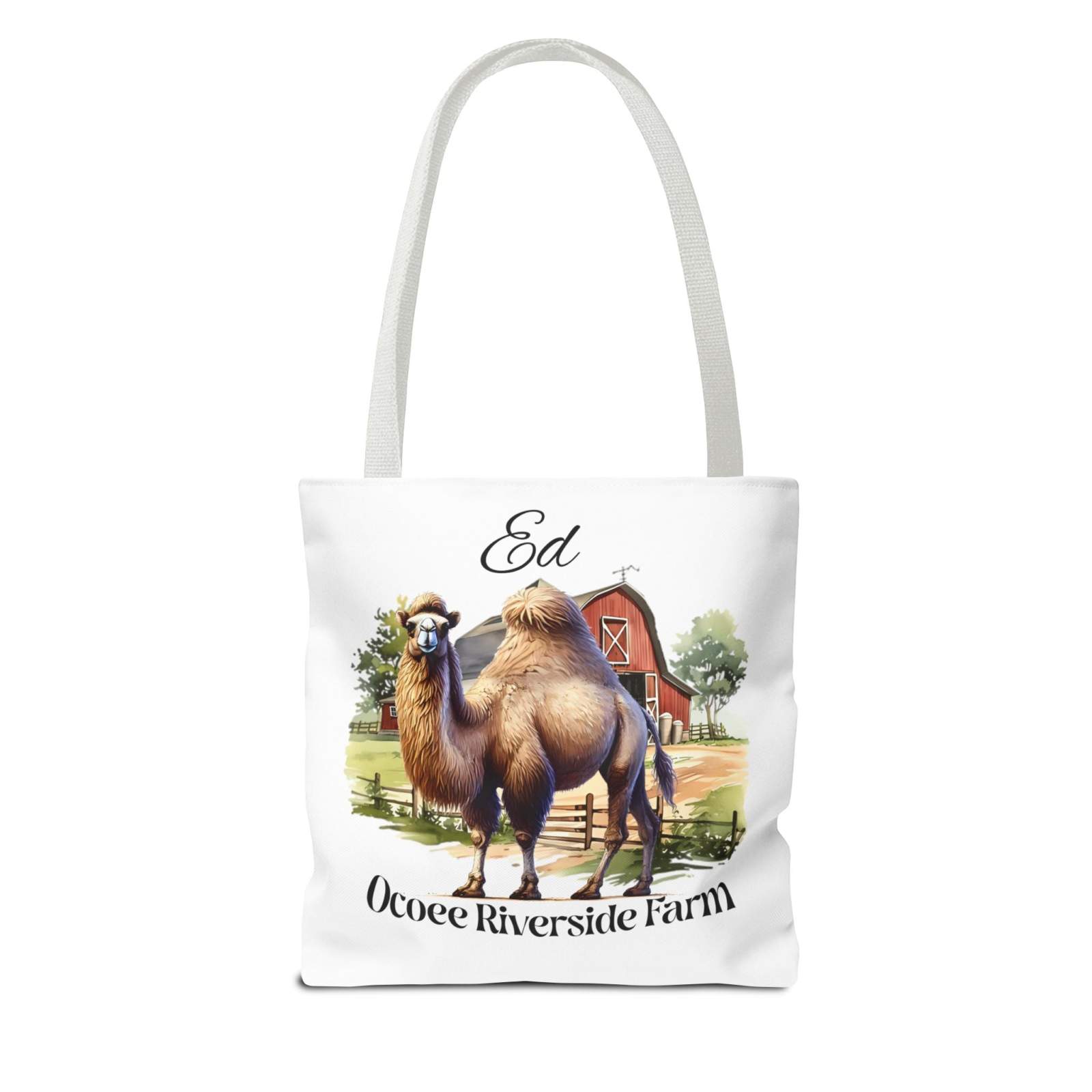 Ed Camel Tote Bag with farm scene and camel graphic, eco-friendly shopping bag from Ocoee Riverside Farm