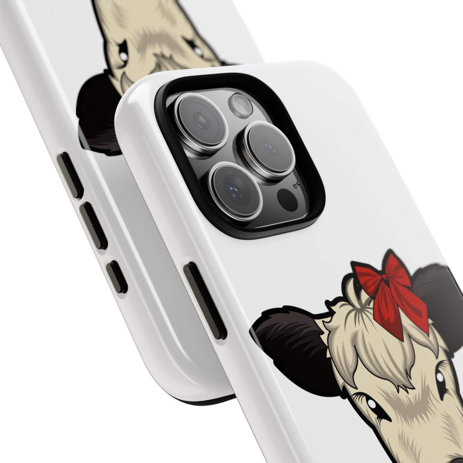 Farmhouse Chic Phone Case featuring Dolly the Adorable Red Bow Cow design, offering rustic charm and protection.