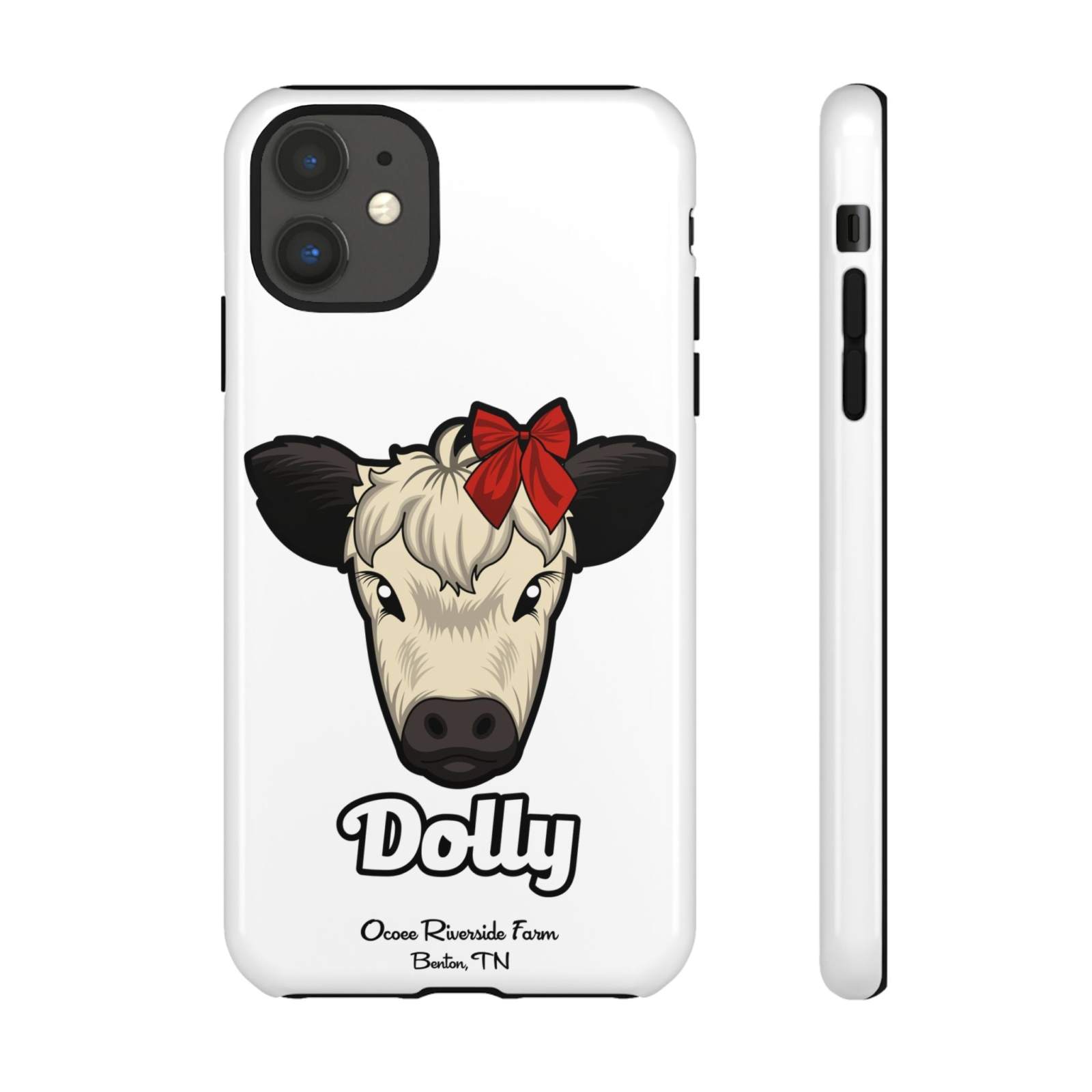 Farmhouse Chic Phone Case featuring Dolly the cow with a red bow, rustic country design with durable protection.