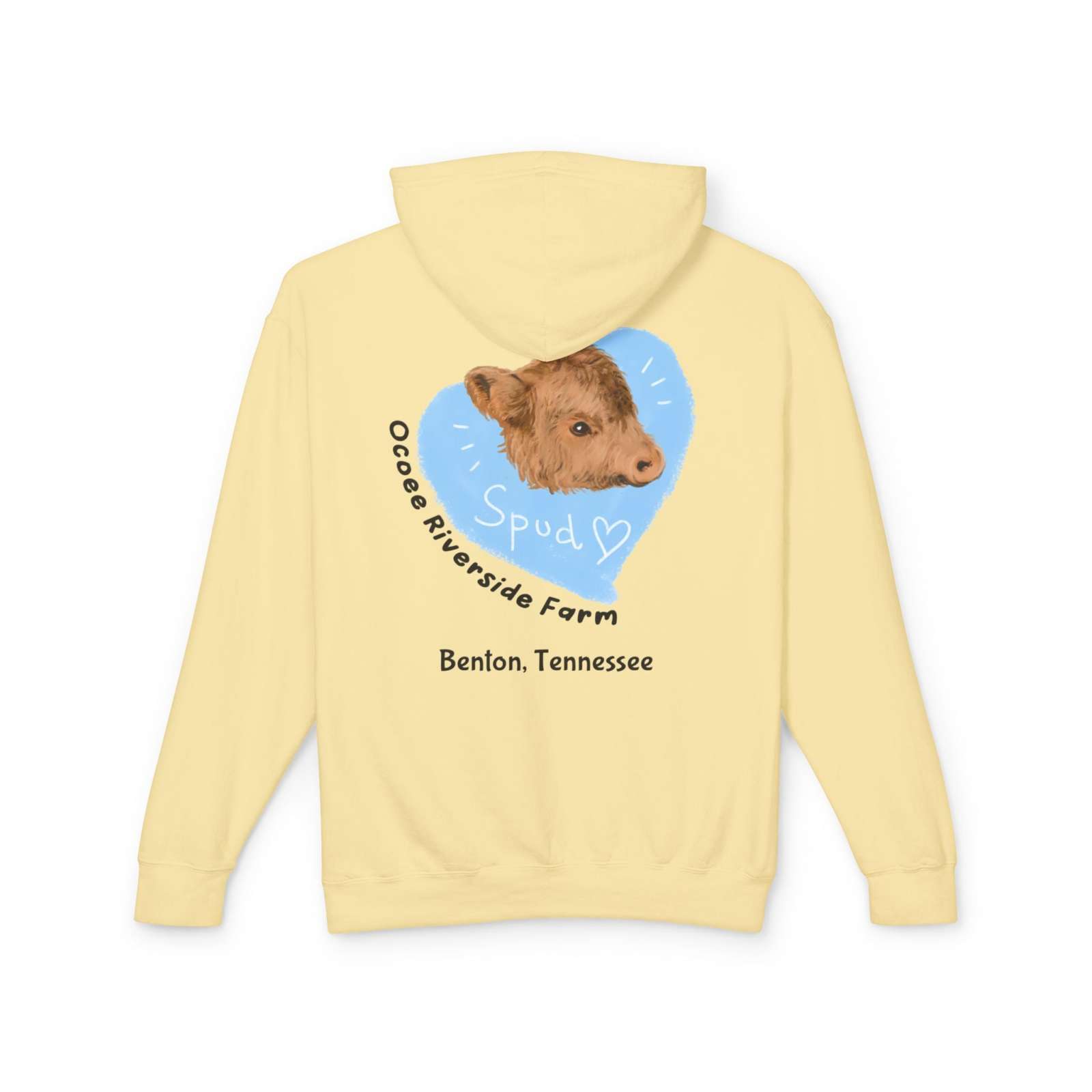 Lightweight yellow hoodie featuring a cute cow illustration and Ocoee Riverside Farm text from Benton, Tennessee