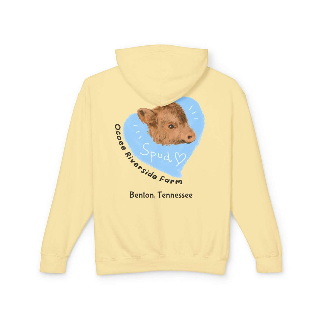Lightweight yellow hoodie featuring a cute cow illustration and Ocoee Riverside Farm text from Benton, Tennessee