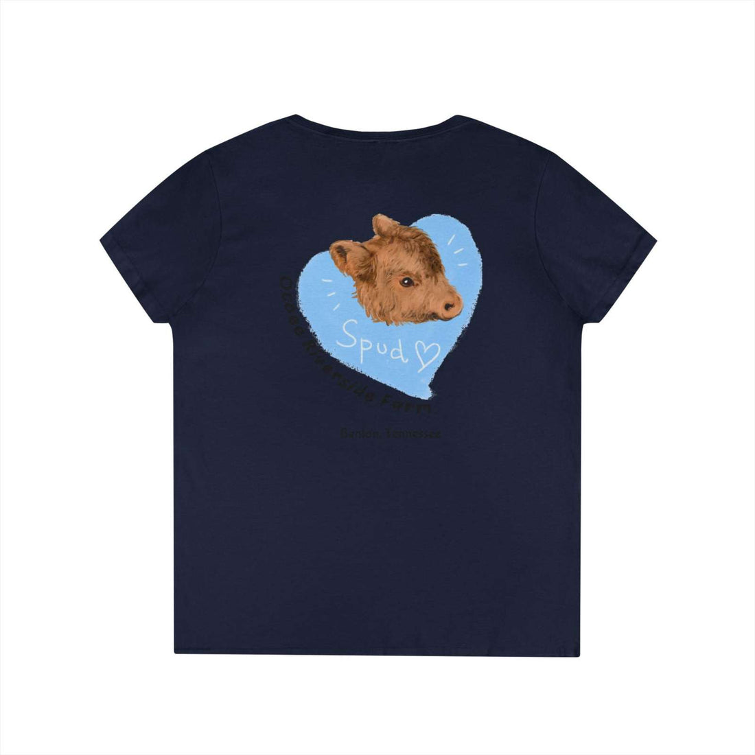 Spud Heart Women’s V-Neck T-Shirt in navy with a cute calf and blue heart design, made of soft 100% cotton for farm lovers.