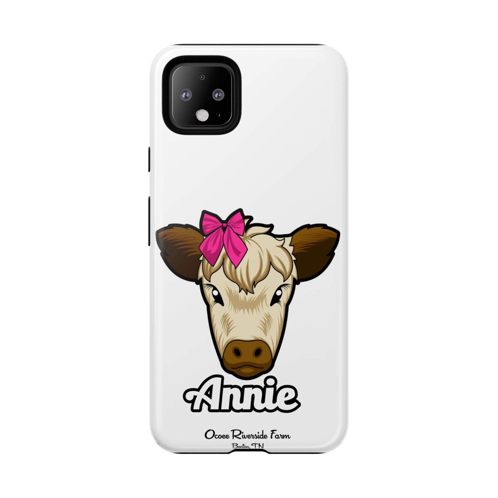 Cute cow phone case with red bow, perfect farm animal lover gift.