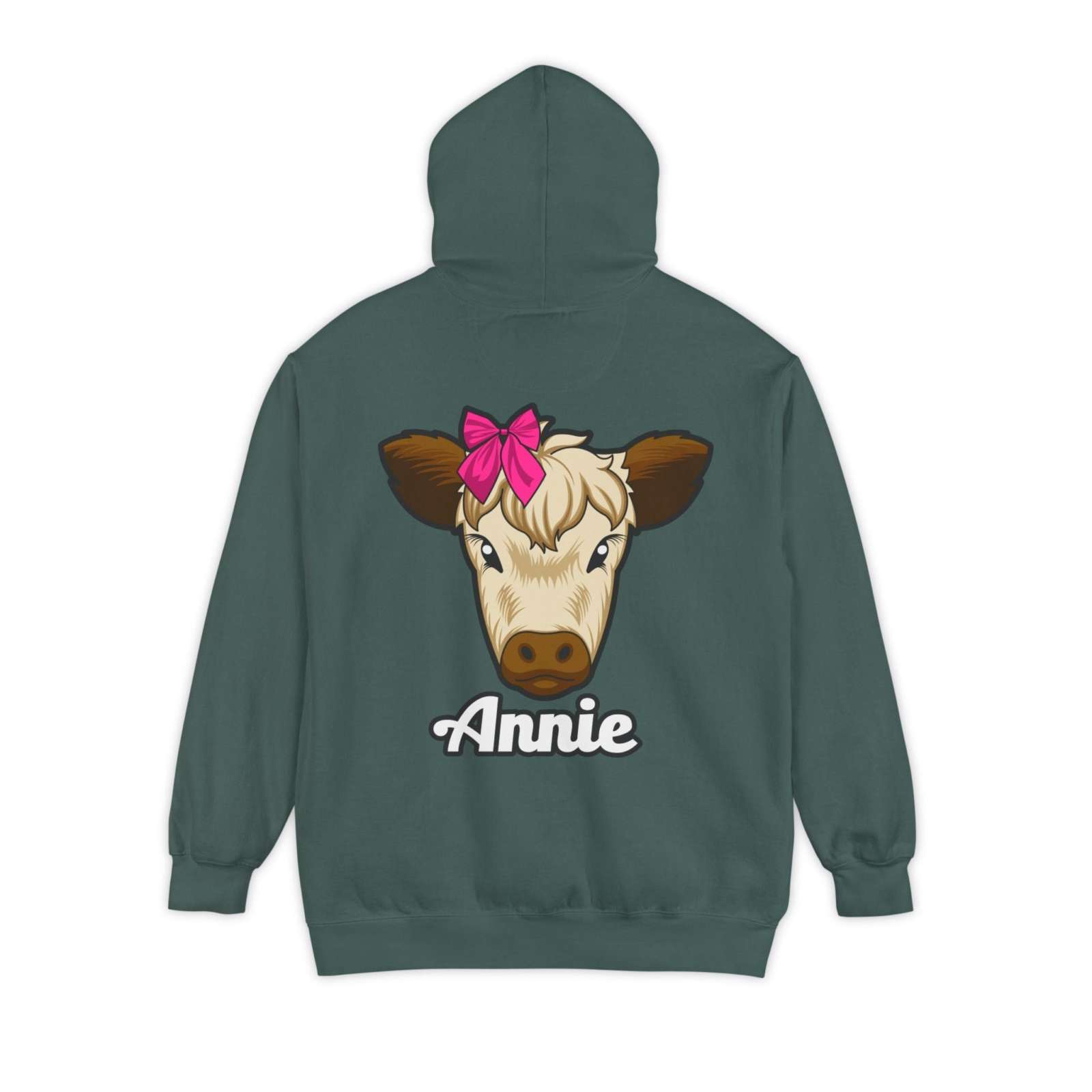 Unisex hoodie featuring Annie the Cow, ideal for farm animal lovers, with a cute cow graphic and text "Annie" on the back, perfect farm animal lover apparel.