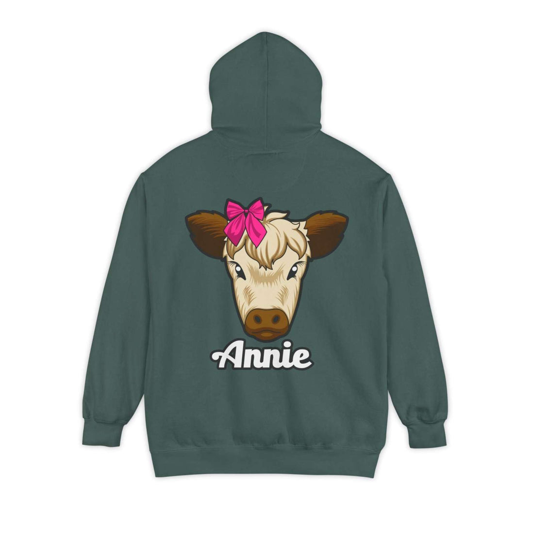 Unisex hoodie featuring Annie the Cow, ideal for farm animal lovers, with a cute cow graphic and text "Annie" on the back, perfect farm animal lover apparel.
